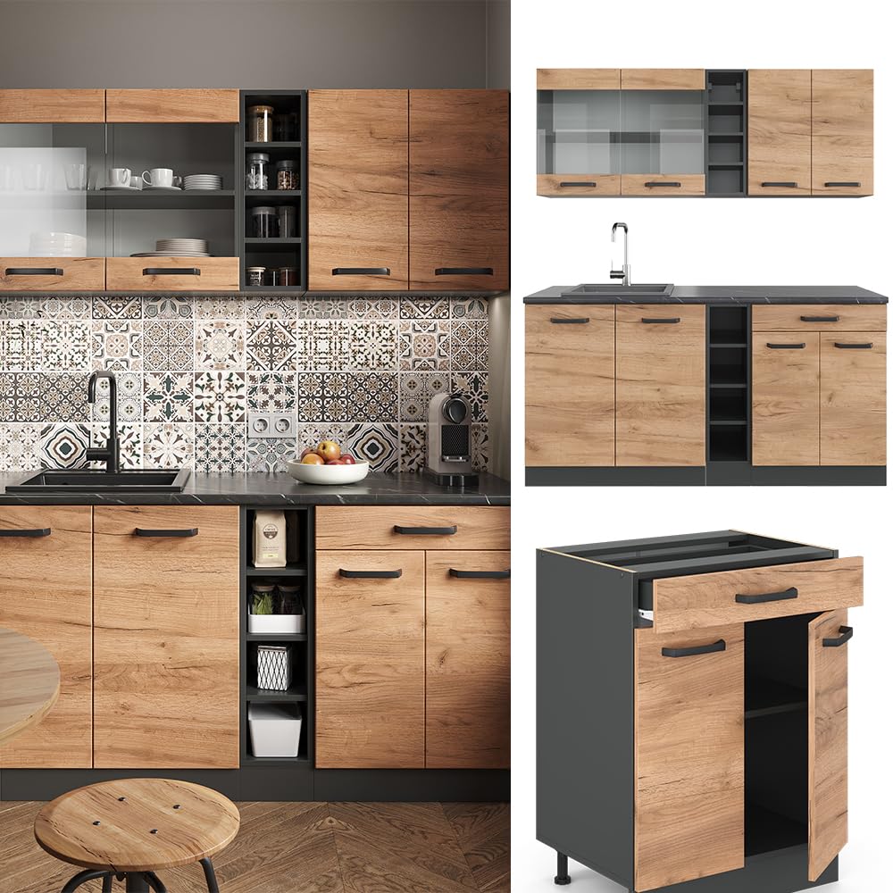Vicco Cucina completa R-Line, Rovere dorato/antracite, 160 cm senza piano di lavoro, adatto per l'espansione individuale con moduli aggiuntivi