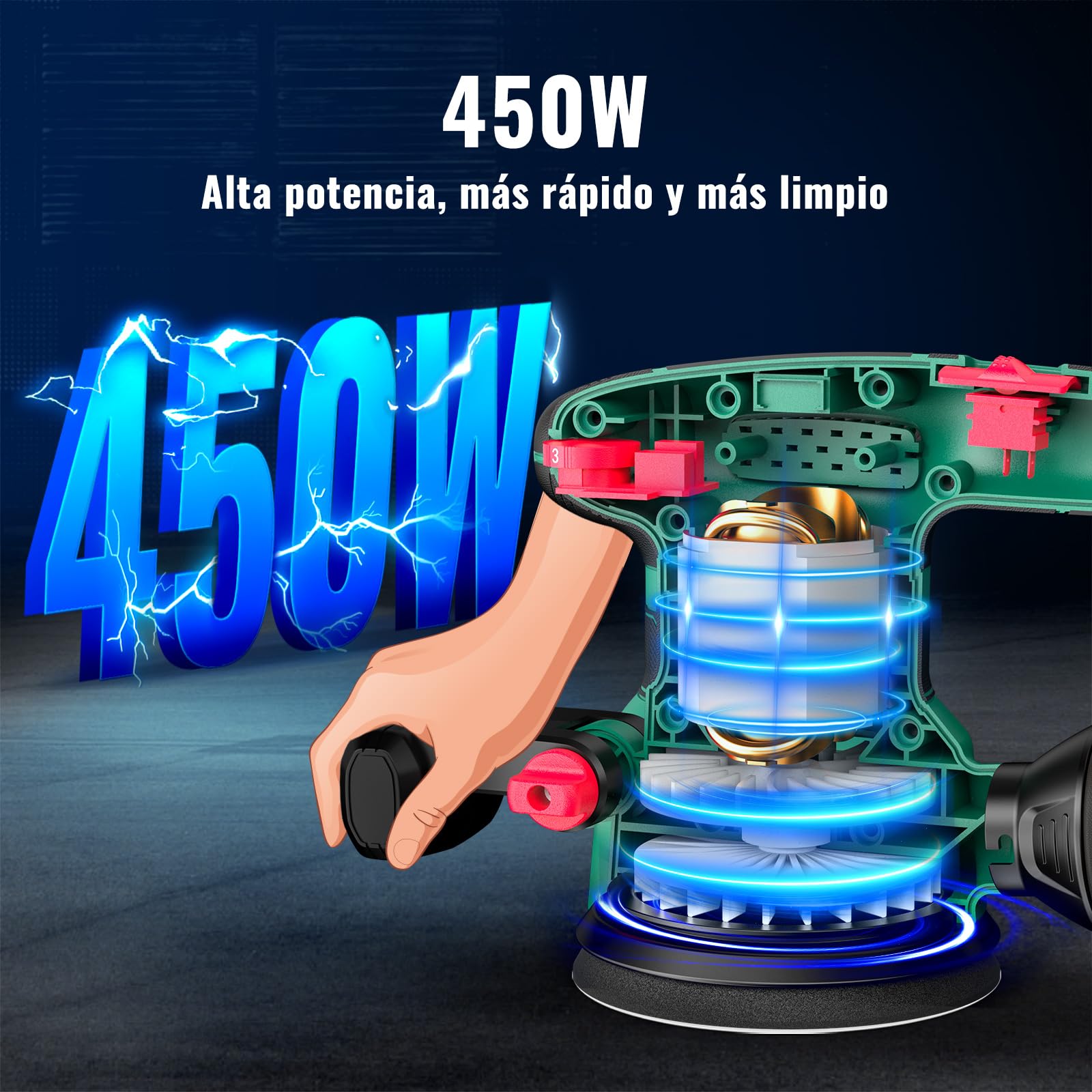 HYCHIKA 450W Lijadora Orbital, Seis velocidades de 6000-12000 OPM, eficiente sistema de recogida de polvo con 20PCS de papel de lija, ideal para el lijado de metal y madera