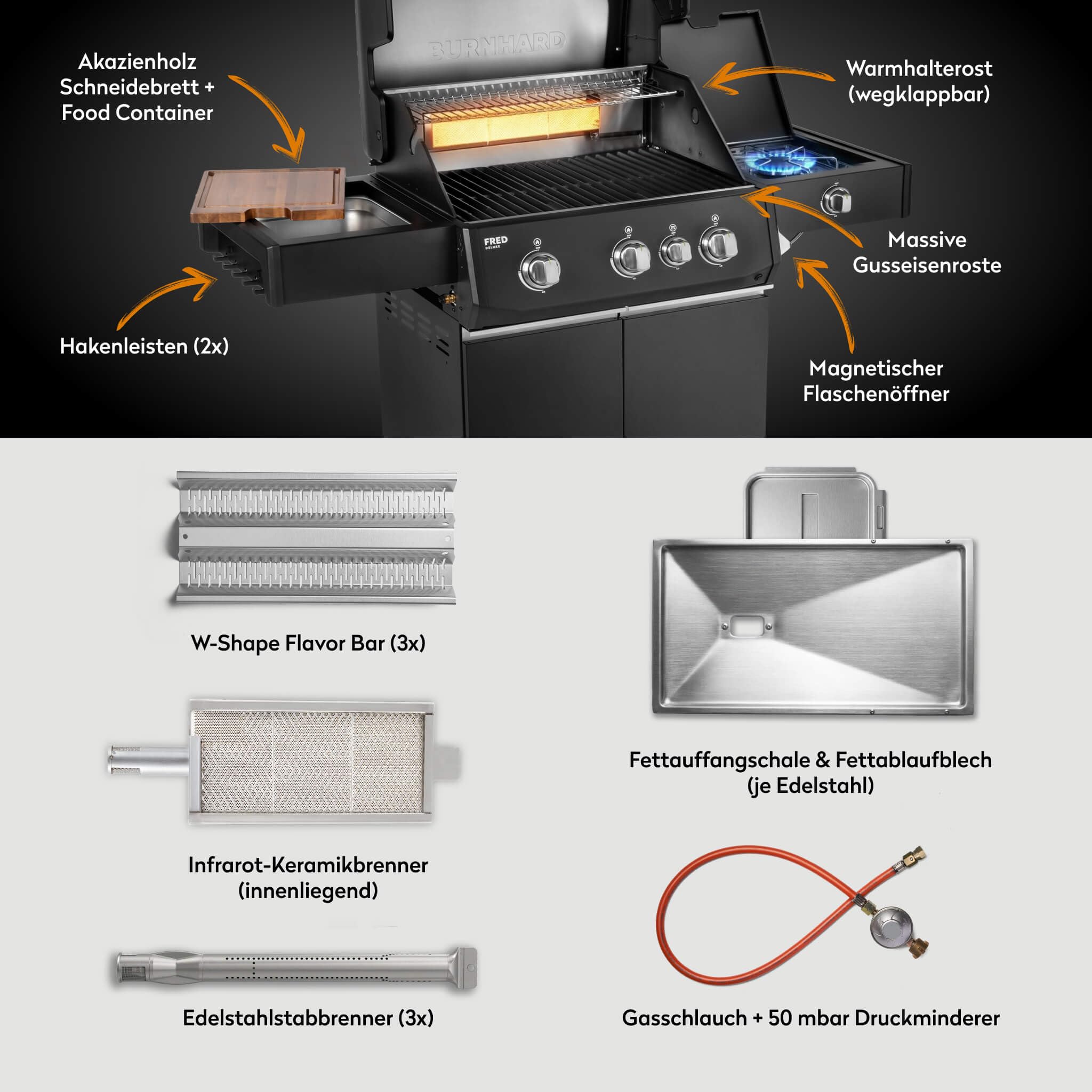 BURNHARD® Gasgrill 3-Brenner 2x Edelstahl-Stabbrenner 3,75 kW, 1x Infrarot-Keramikbrenner 3,75 kW, Gussrost, Piezo-Zündung – FRED Deluxe