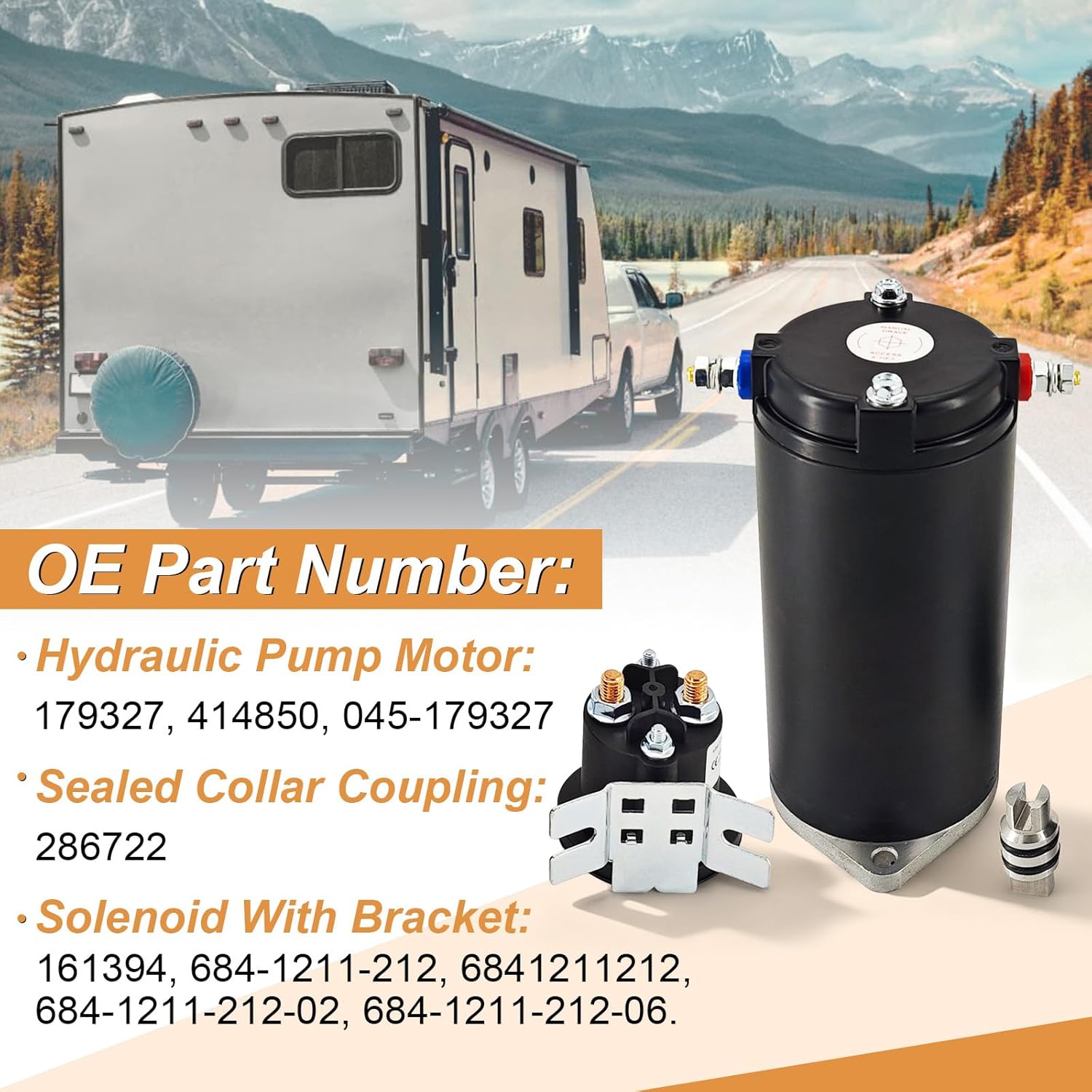 Hydraulic Power RV Leveling System Kit, Includes Hydraulic Pump Motor 179327 414850 with Manual Drive, Sealed Collar Coupling 286722 and Hydraulic Solenoid with Bracket 684-1211-212