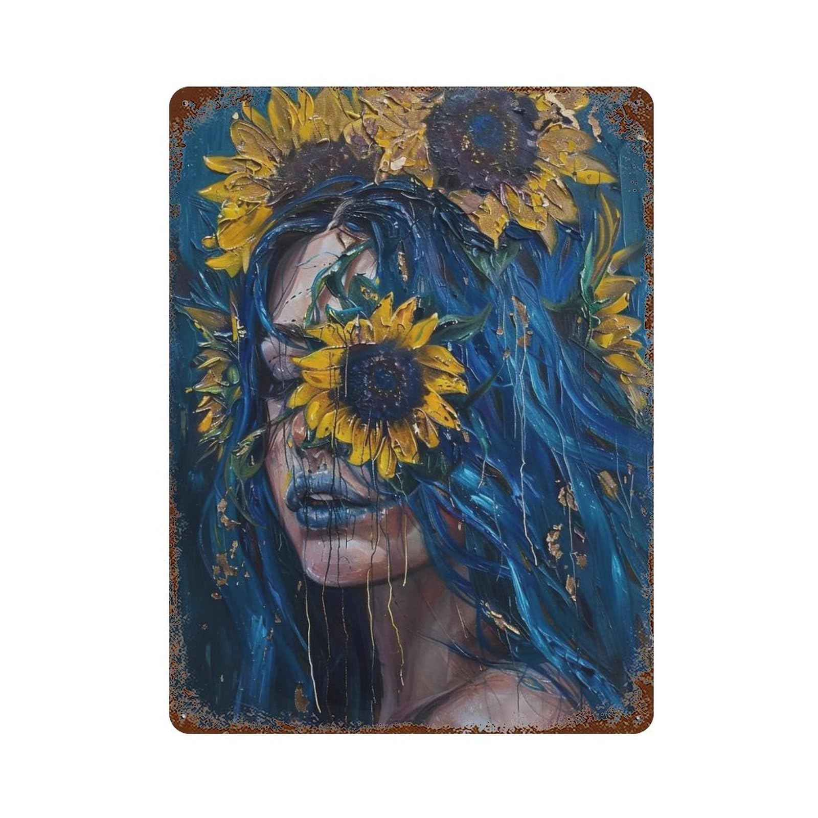 YHGERTKU Sunflower Woman Portrait 01 Wall Art Retro Iron Vintage Metal Tin Sign Poster Modern Decor for Living Rooms Gift 40x30cm