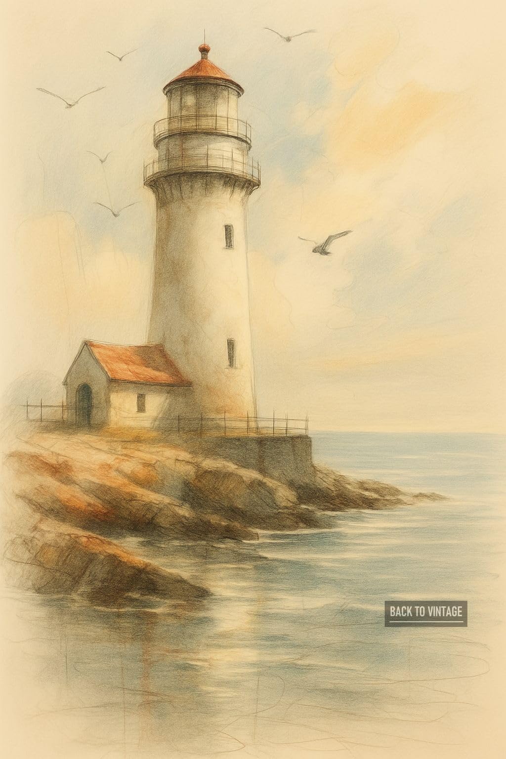Back To Vintage Multicoloured Lighthouse On Rocky Shore Under Pastel Hued Sky - A4 Poster Lighthouse Art Print Wall Art Home Decor Coastal Scene Illustration With Ocean View For Calm And Nautical Interior Style