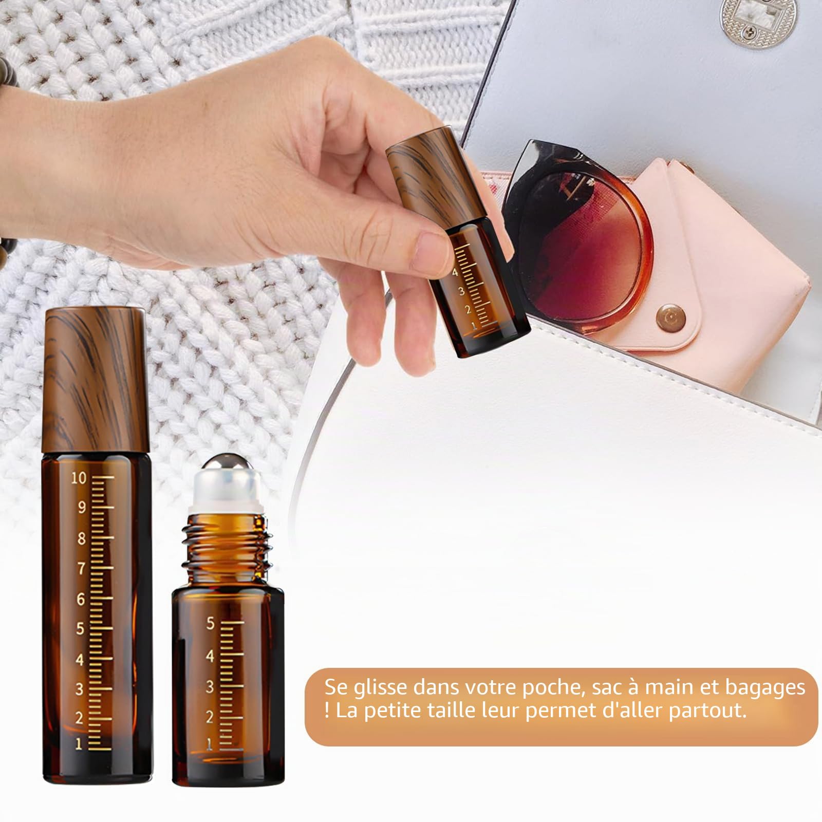 THINTON Lot de 10 bouteilles Roll on en verre vides millilitre pour huile essentielle, rechargeables, 5 ou 10 ml