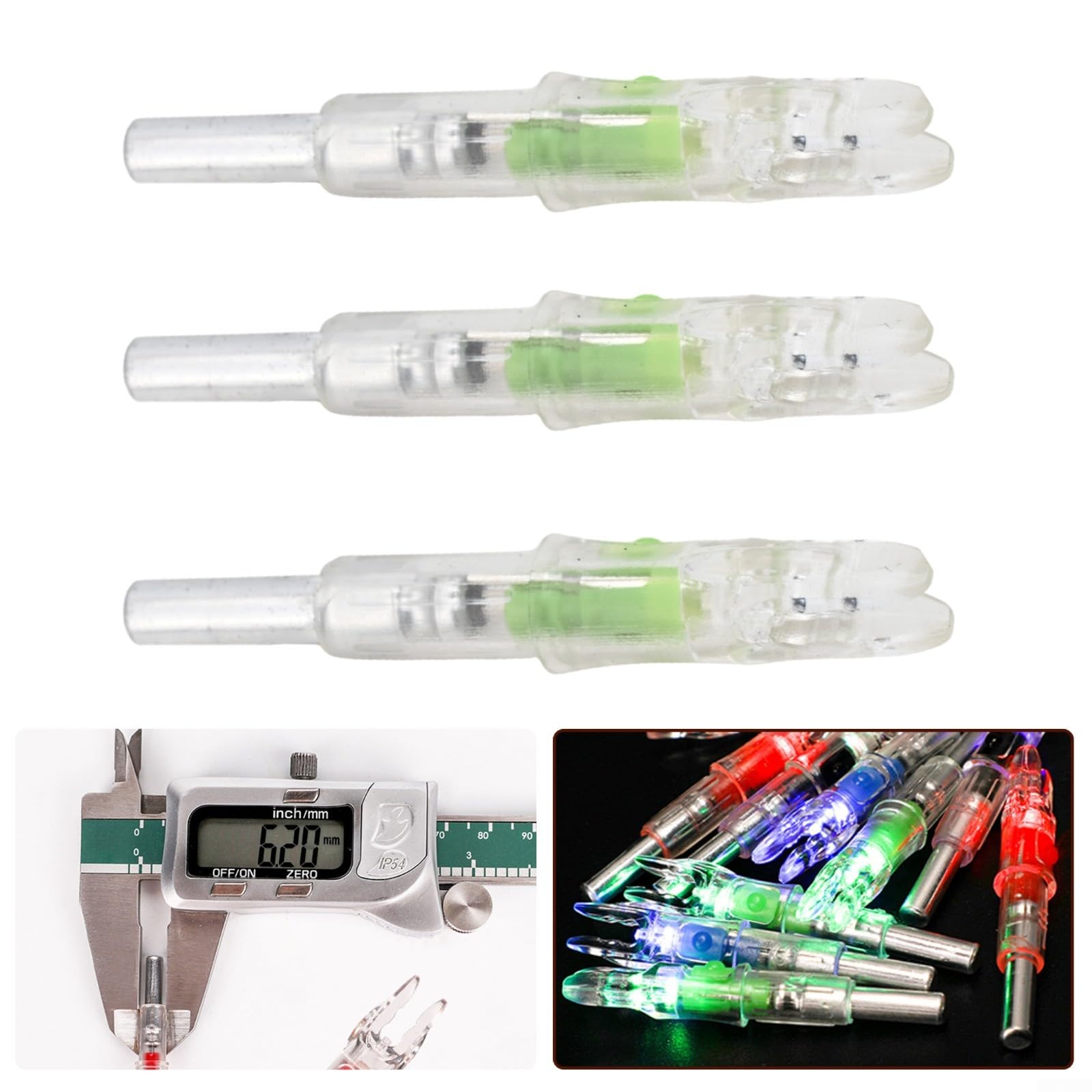 Lot de 3 encoches de flèche lumineuses pour tiges de 6,2 mm, accessoires d'éclairage automatique en rouge/vert/bleu/multicolore, queue de flèche éclairée par LED (vert)