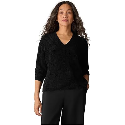 Eileen Fisher Chenille Blend V Neck Sweater black