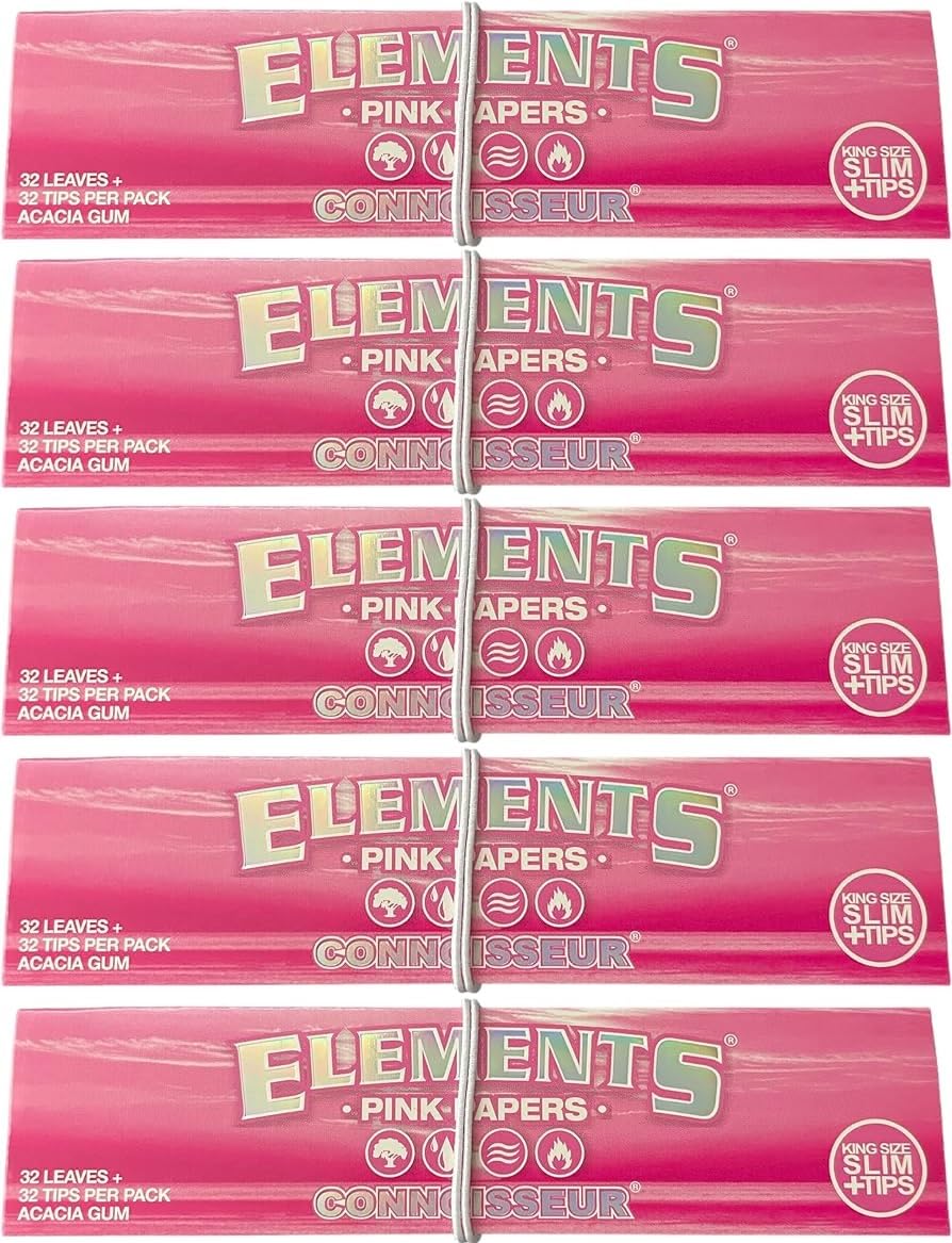 Elements Pink Connoisseur King Size Rolling Papers + Tips - 5 Pack | Premium Quality Smoking Hemp Papers for Enhanced Smoking Pleasure!