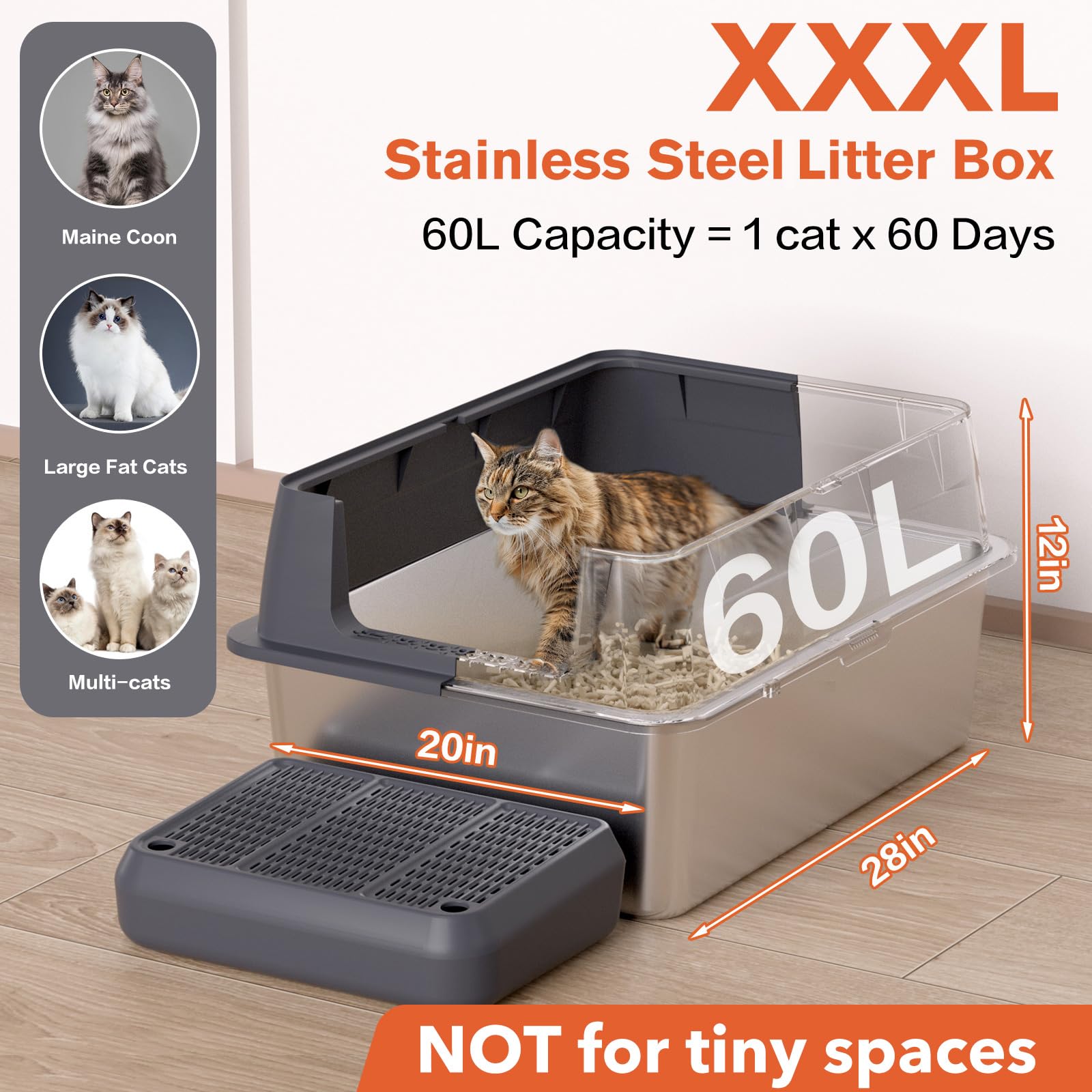XXL Stainless Steel Litter Box with Lid, 28" Lx20 W Extra Large Cat Litter Boxes for Big Cats, Jumbo Metal Litter Box with Footboard & Scoop,Anti-Leakage,Non-Sticky,Odorless,Easy to Clean - image 2