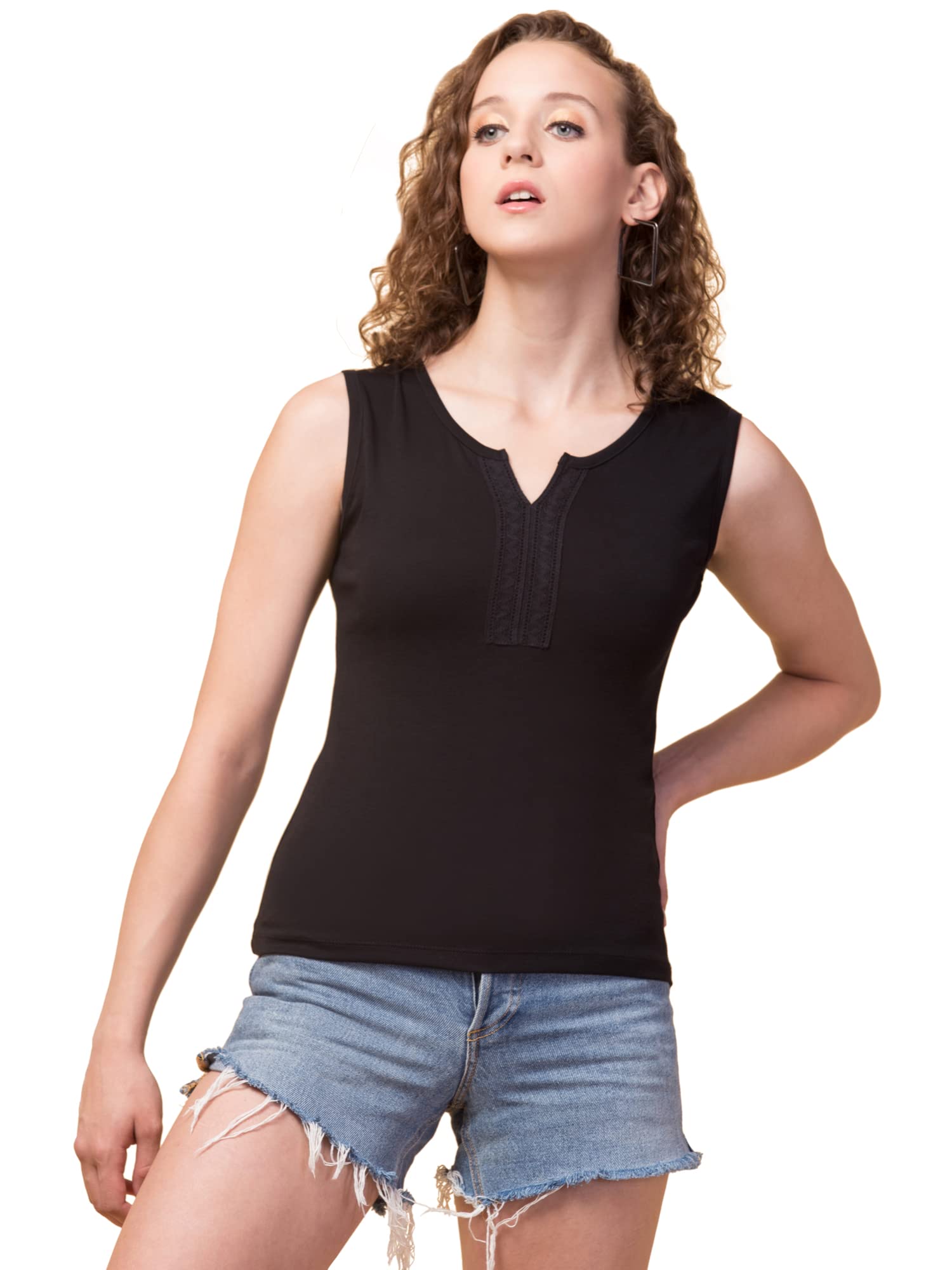 Sleeveless Black Tank Top for Women - Kintted Cotton Fabric-image-1