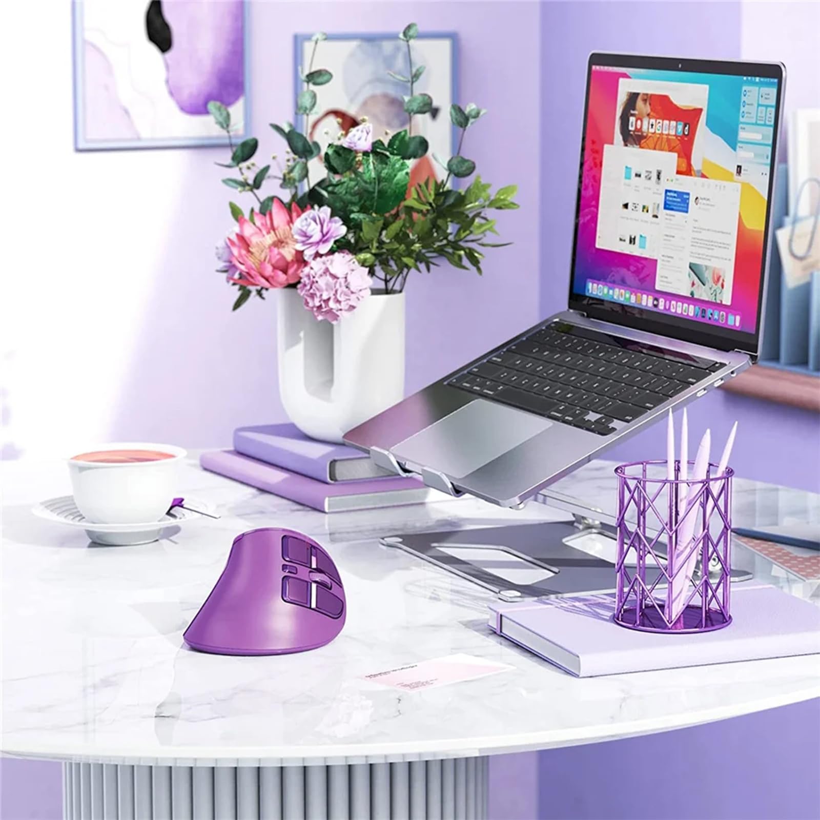 Ratón vertical, ergonómico inalámbrico (BT 5.0 + Bluetooth 3.0 + conexión USB) con 9 botones, ratón vertical recargable para ordenadores (morado)