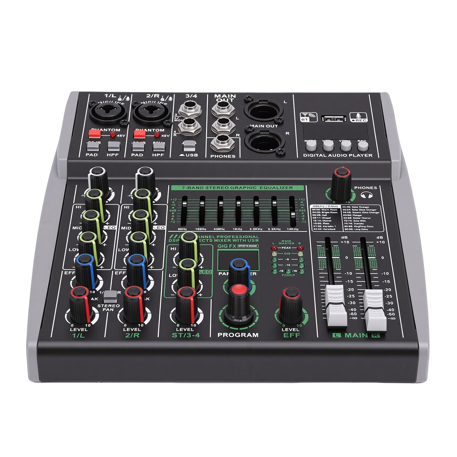 Annadue 4-kanałowy Mikser DJ-ski Bluetooth z 99 Efektami, 7-pasmowym Korektorem, Zasilaniem 48 V, Wejściem USB MP3 do Komputera do Nagrywania na żywo Podcastów Karaoke (wtyczka UE)