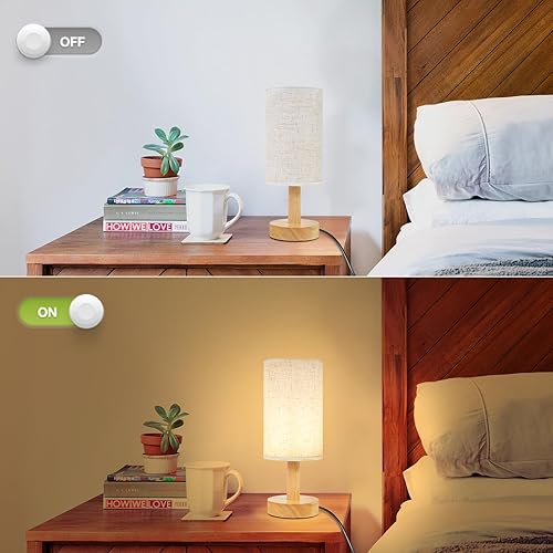 Miniatura 5 de Lámpara de mesita de noche pequeña para dormitorio, base de madera redonda natural y pantalla de lino de tela, acogedora luz de mesa nocturna para