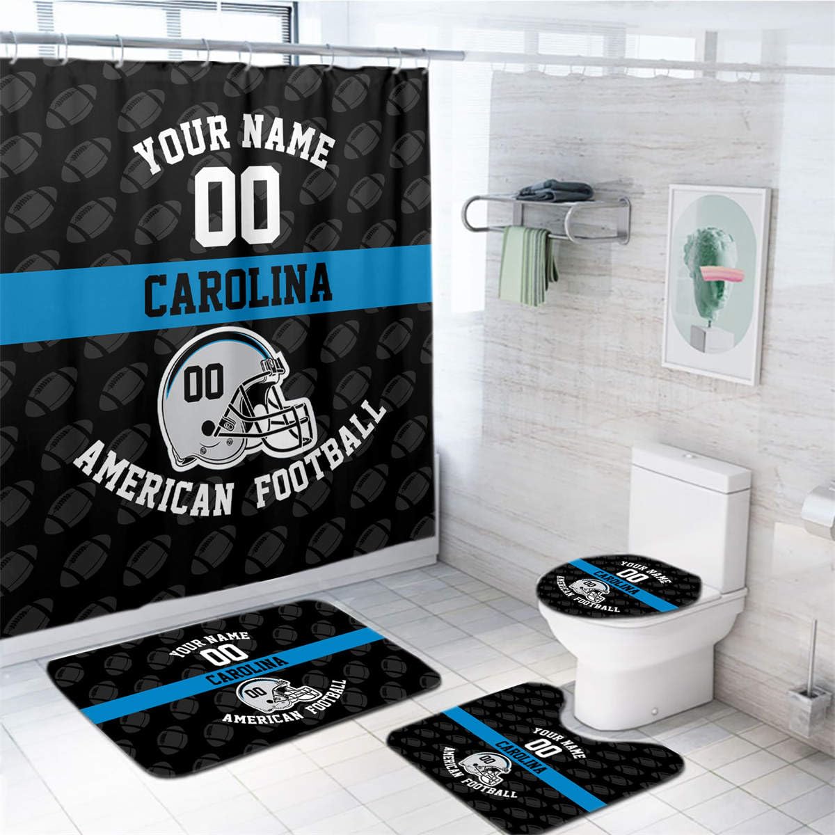 HemikoMisaka Custom Carolina Style Football Shower Curtain 4-Set, Personalized Name and Number, Includes Floor Mat, Toilet Cover Mat, U Mat and Shower