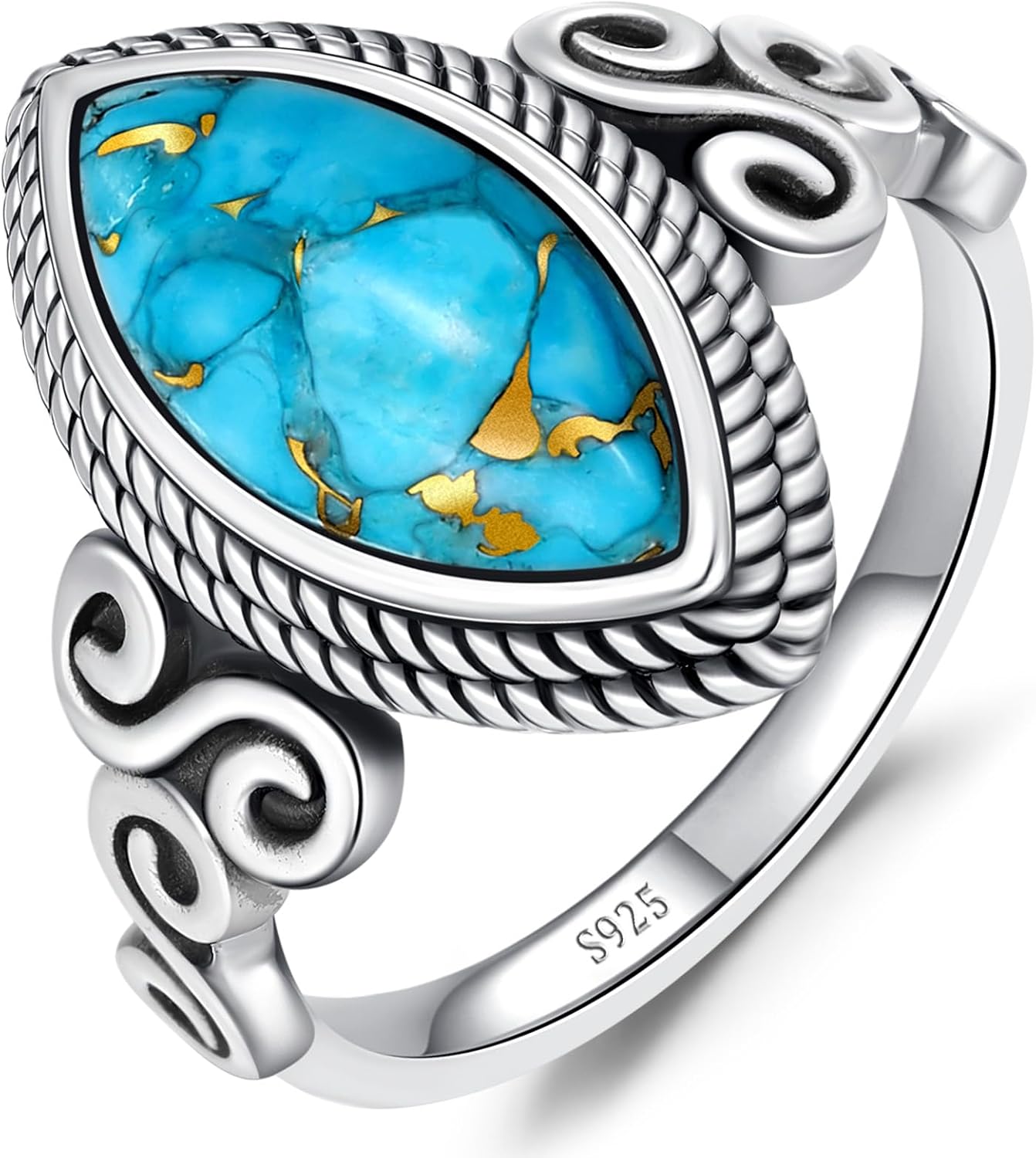 Marquise Cut Turquoise Rings for Women - 925 Sterling Silver Vintage Boho Infinity Design Ring, 7*15mm Bronze Veined Turquoise Statement Stacking Ring for Women Birthday Jewelry Gift Size 5-9