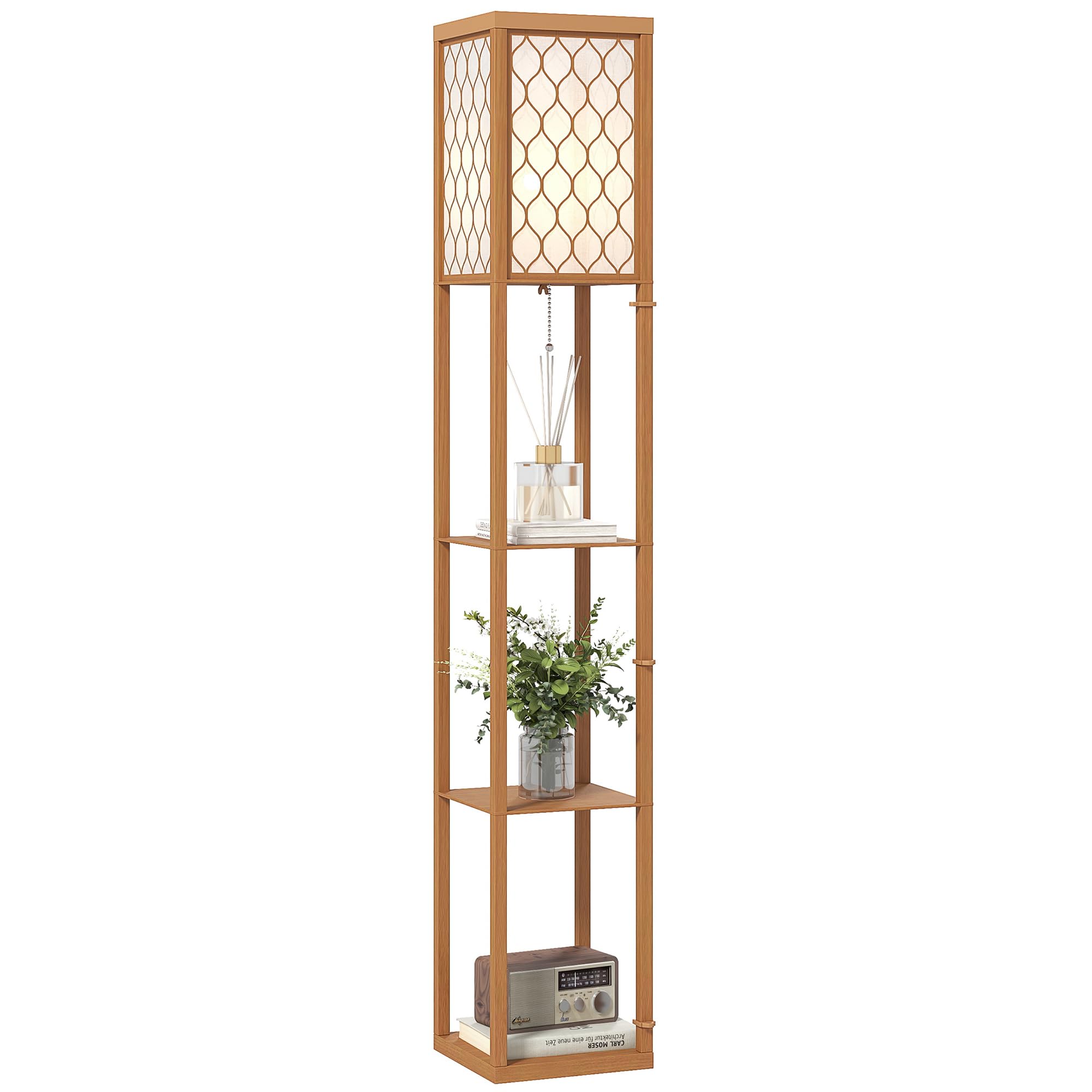 Homcom Natural Modern Floor Lamp Light With 3 Shelves Fabric Lampshade In