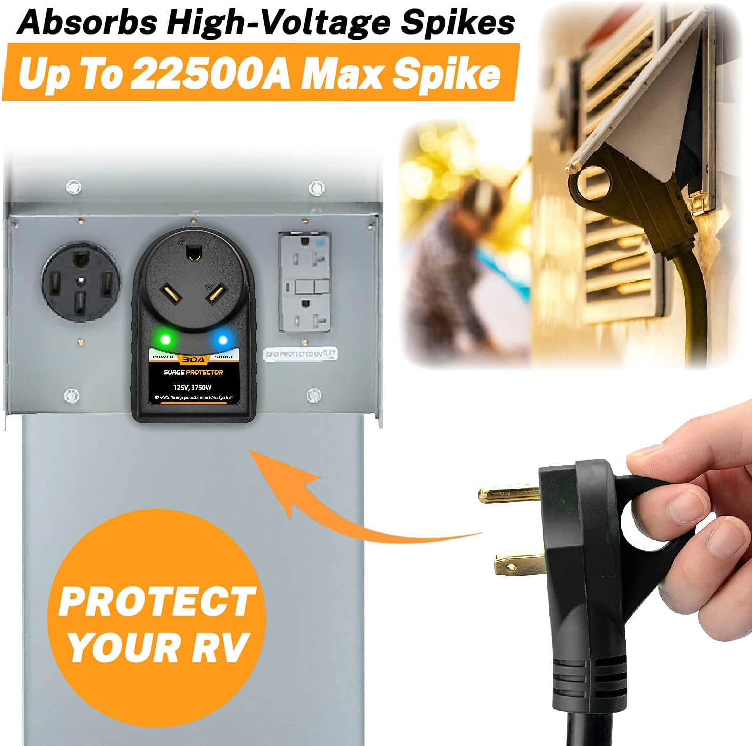CARMTEK RV Surge Protector 30 Amp - Power Adapter with Integrated Surge Protection - ETL Listed 30 Amp Surge Protector for RV