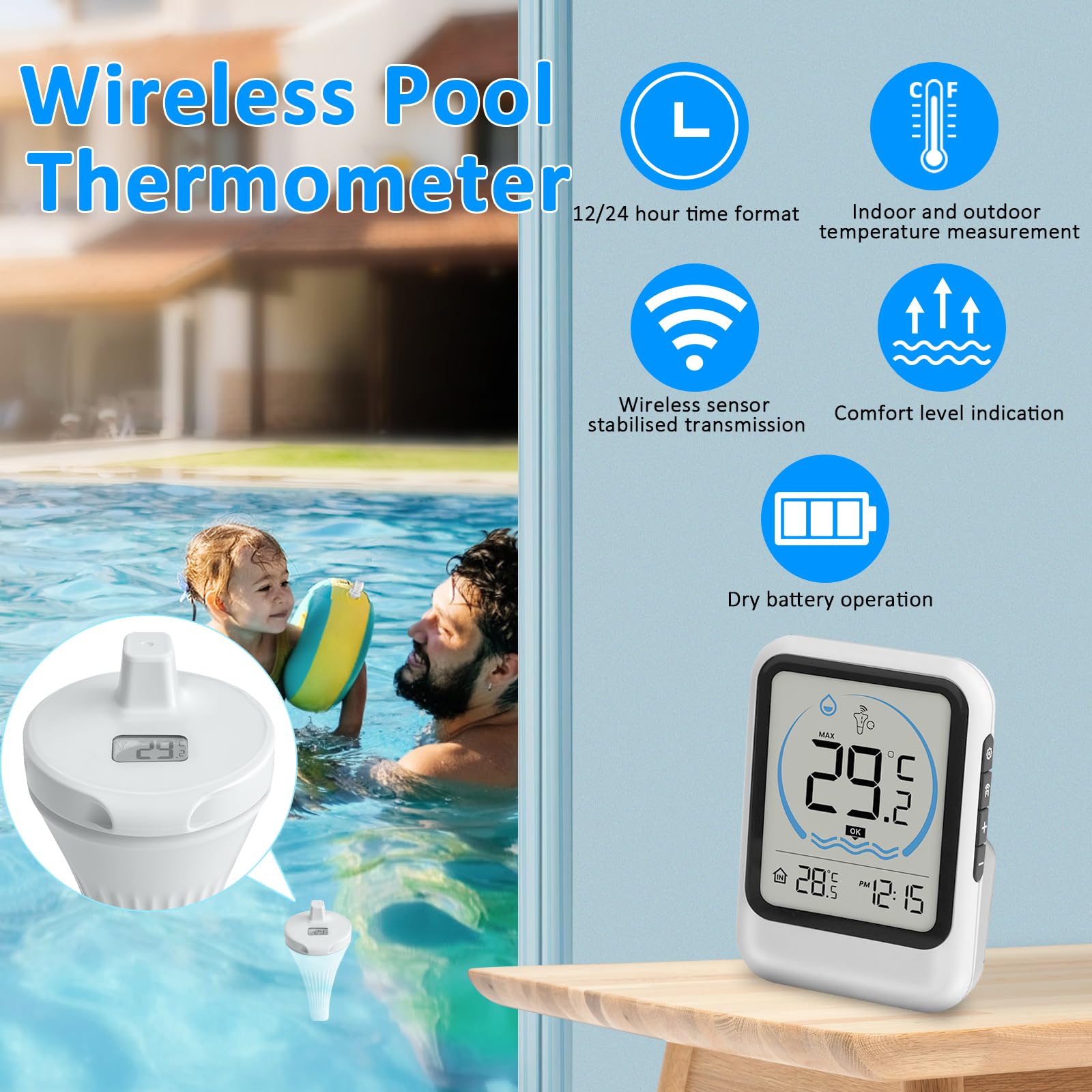 Zwembadthermometer, drijvend, IP68 waterdicht, digitale zwembadthermometer, draadloze zwembadthermometer met digitale binnentemperatuurontvanger, voor zwembad, whirlpool en aquarium, bereik tot 100 m