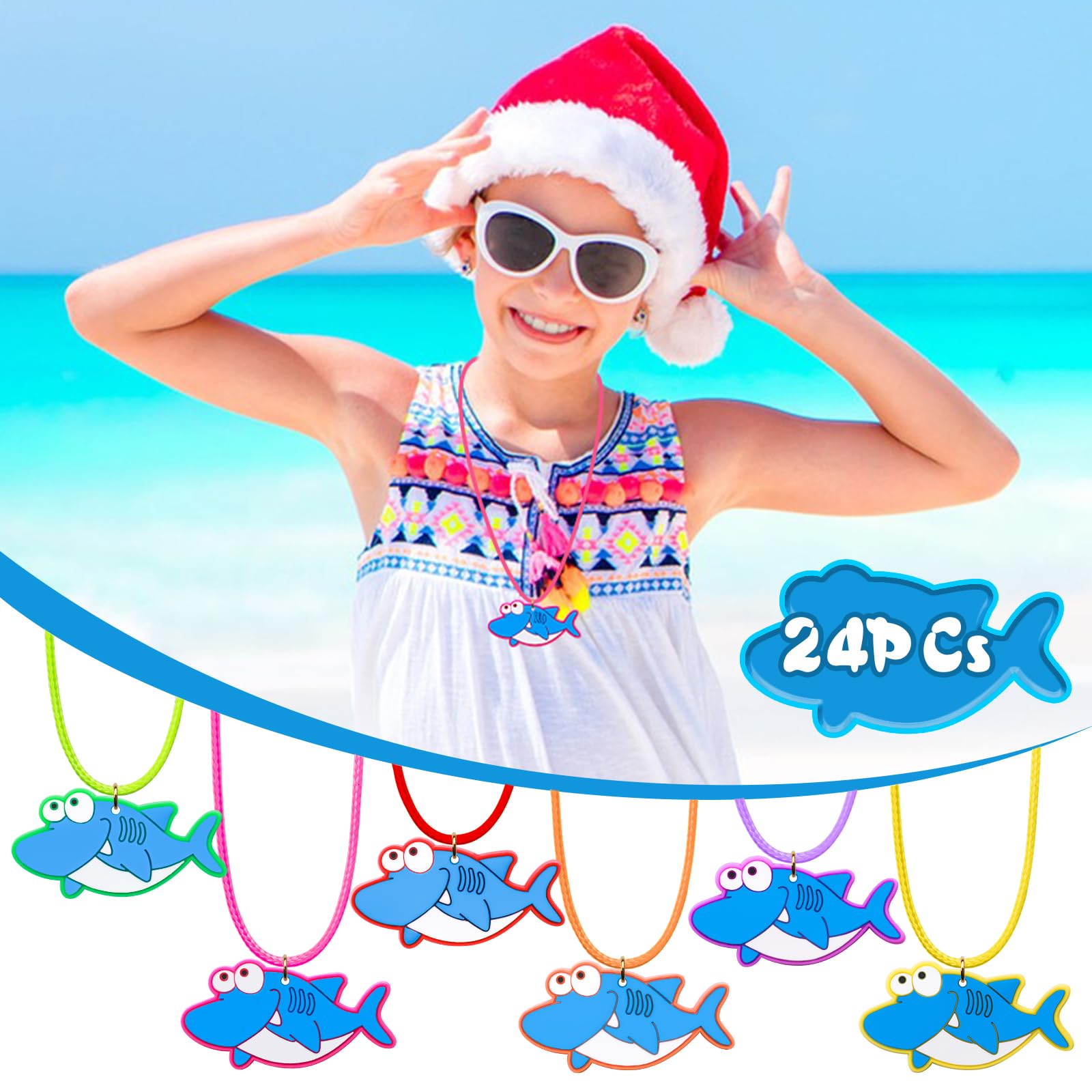 HLenyoy 24 Pcs Kids Shark Necklaces Adjustable Necklaces for Boys Girls Colourful Cute Dress Up Party Decorations(shark) - Image 4