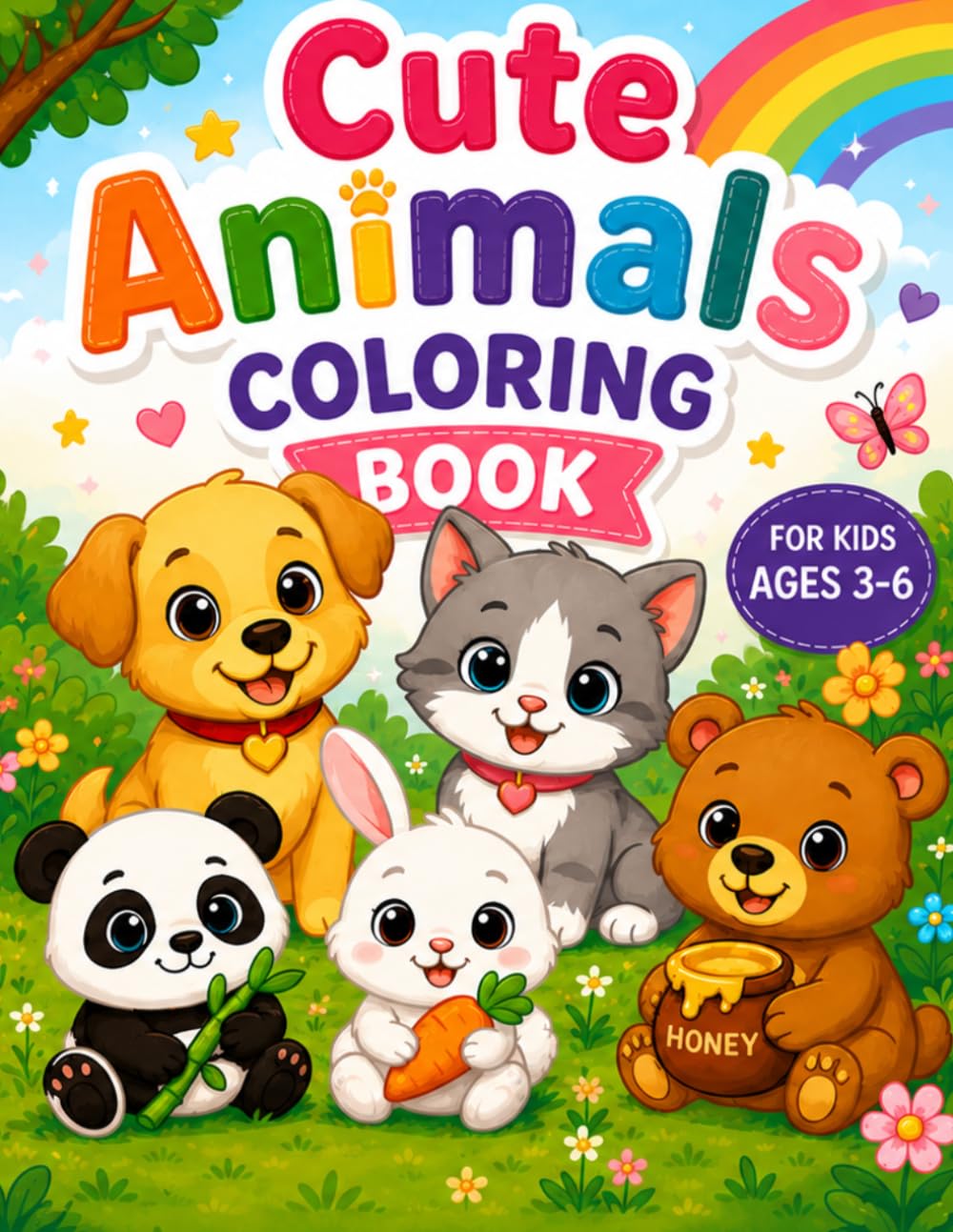Cute Animals Coloring Book for Kids Ages 3–6: Fun & Easy Coloring Pages with Puppies, Kittens, Bears, Bunnies & More