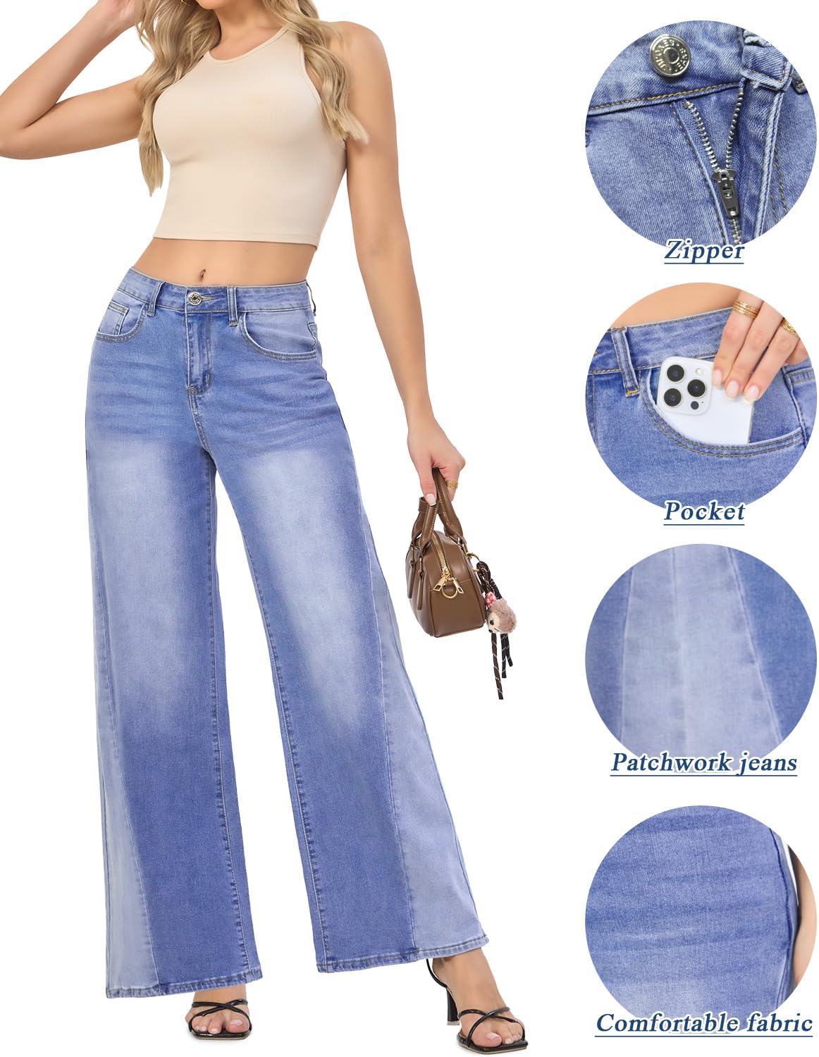 VIPONES Women's Wide Leg Jeans High Waisted Strechy Straight Baggy Jeans for Women Trendy Outfits Denim Pants with Patchwork - Image 5