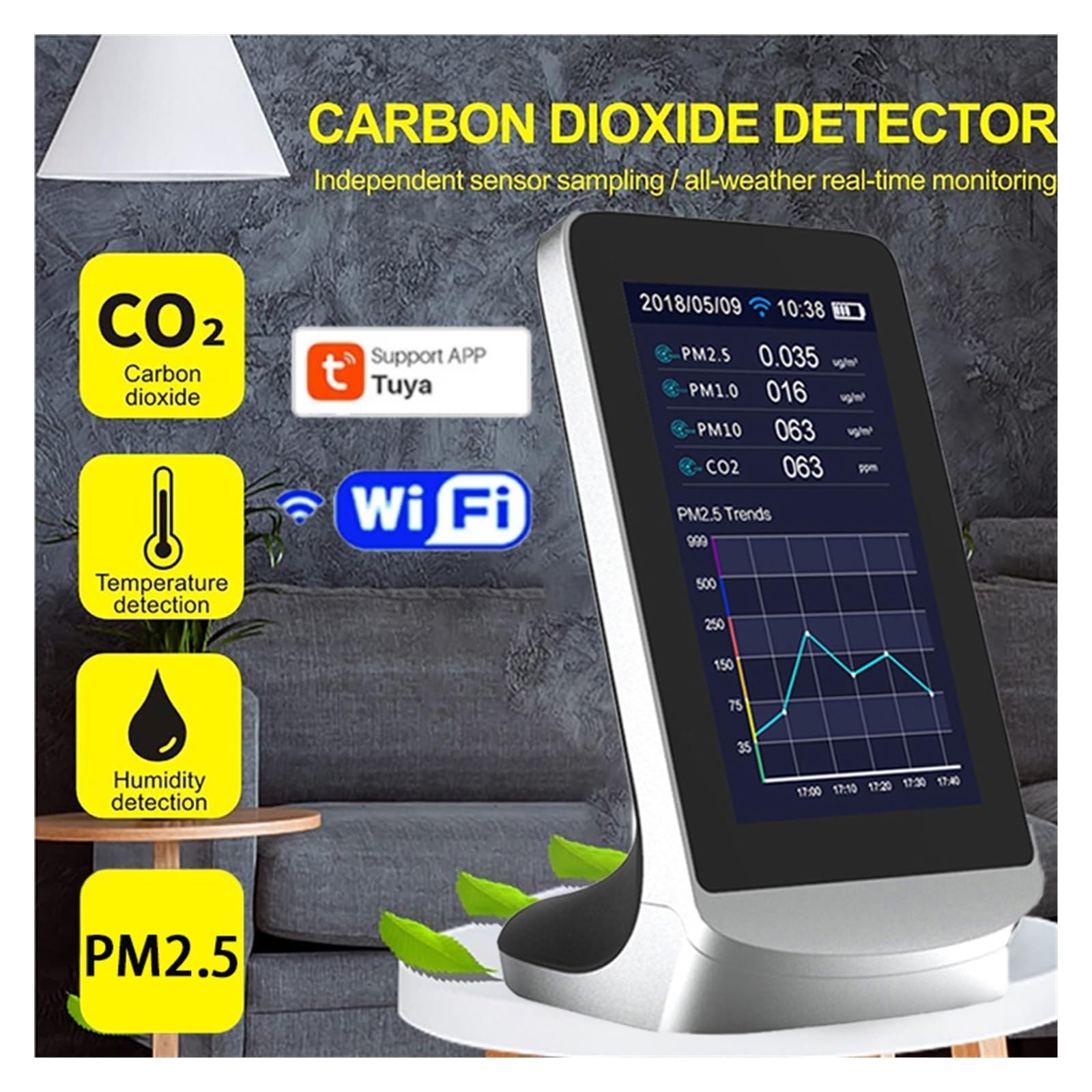 Detektor gazu, CO2 kryty wielofunkcyjny detektor powietrza TVOC Monitor jakości gazu Co2 miernik dwutlenku węgla USB analizator miernik do domu i kampera(DM72 Without WIFI)