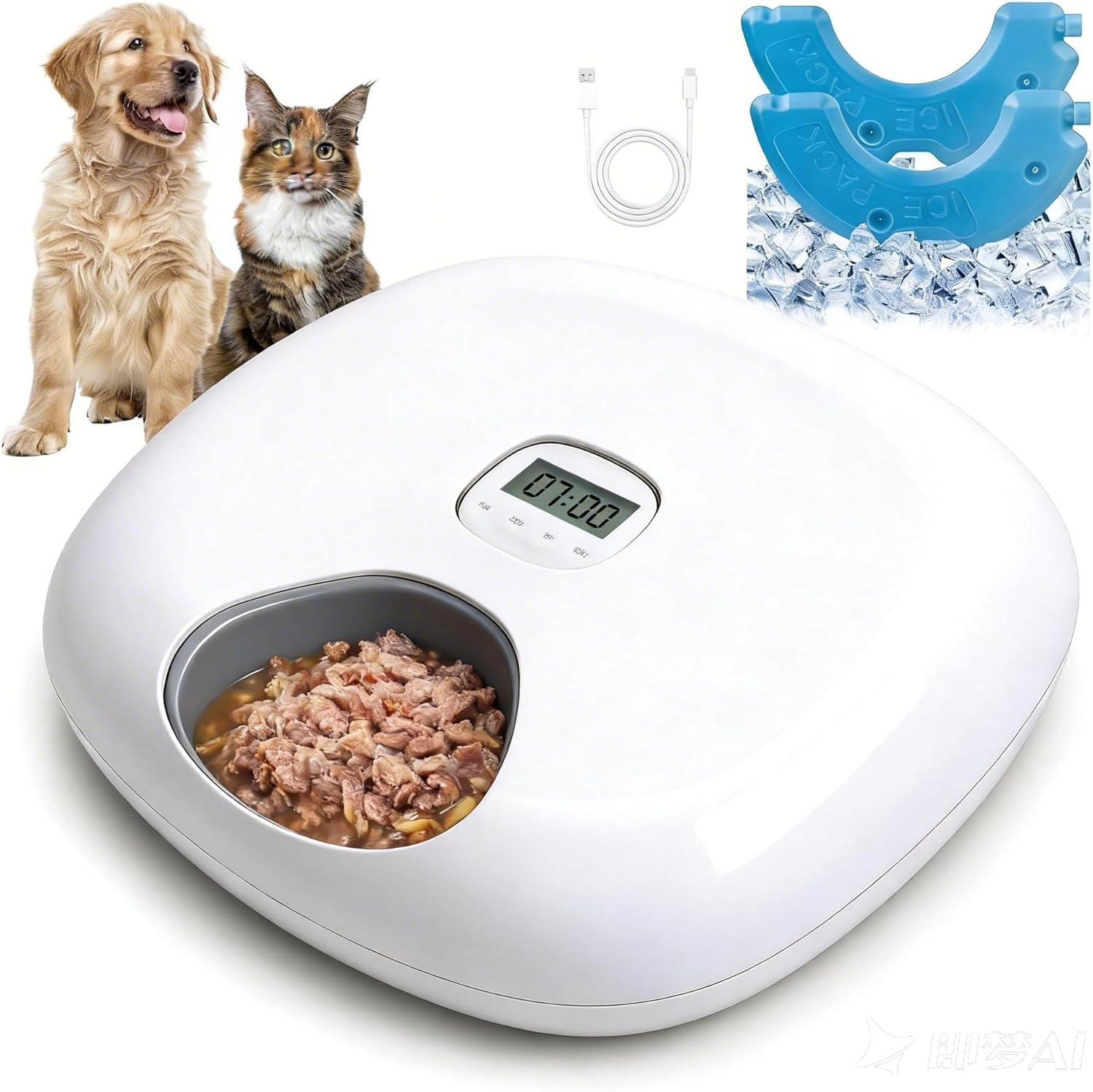 Pet Prime 6-Cell Automatic Cat Feeder with 2 Ice Packs Timed Wet/Dry Food Dispenser for Dog Rechargeable Pet Food Bowl with Timer (White-Auto Feeder with 2 Ice Packs)