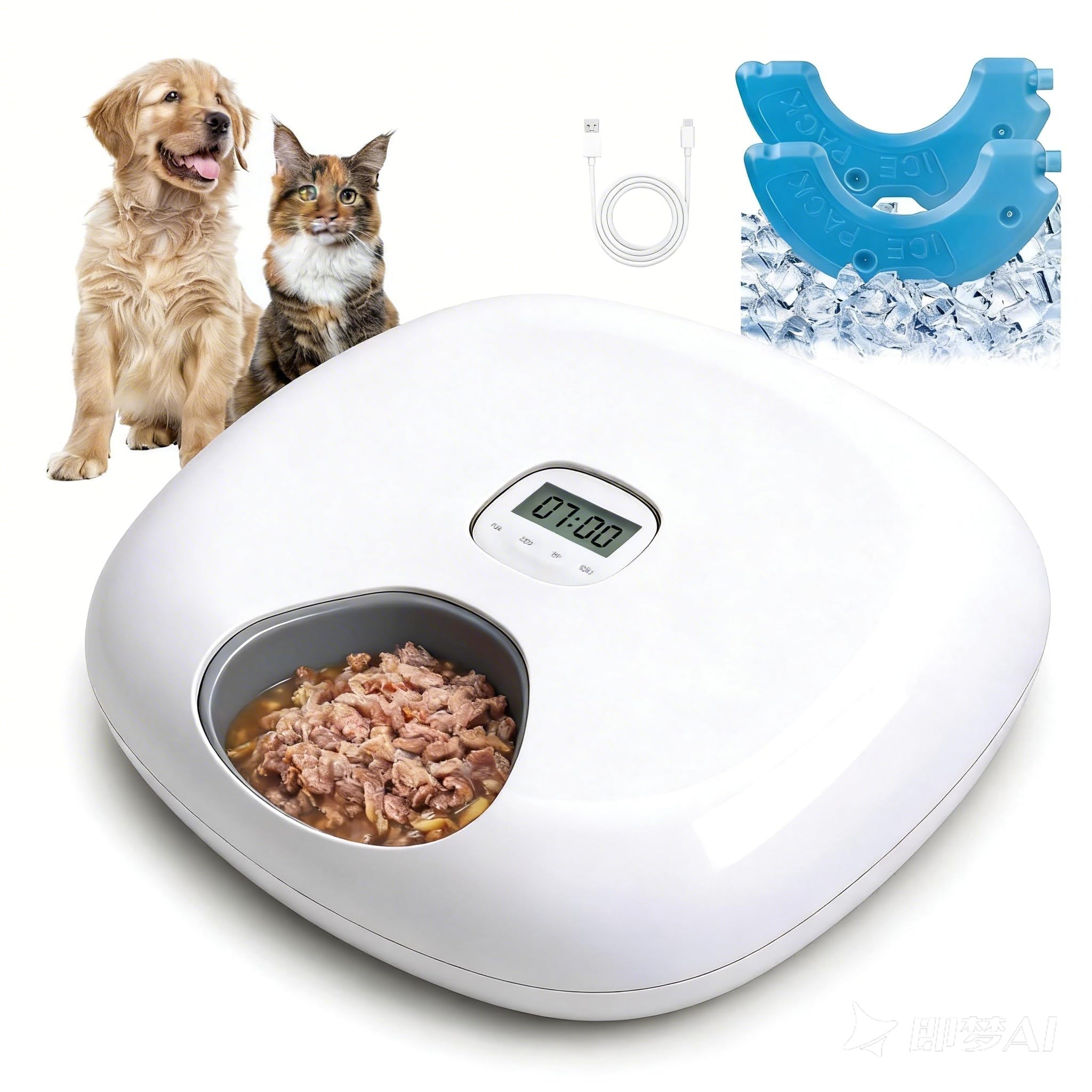 Pet Prime 6-Cell Automatic Cat Feeder with 2 Ice Packs Timed Wet/Dry Food Dispenser for Dog Rechargeable Pet Food Bowl with Timer (White-Auto Feeder with 2 Ice Packs)