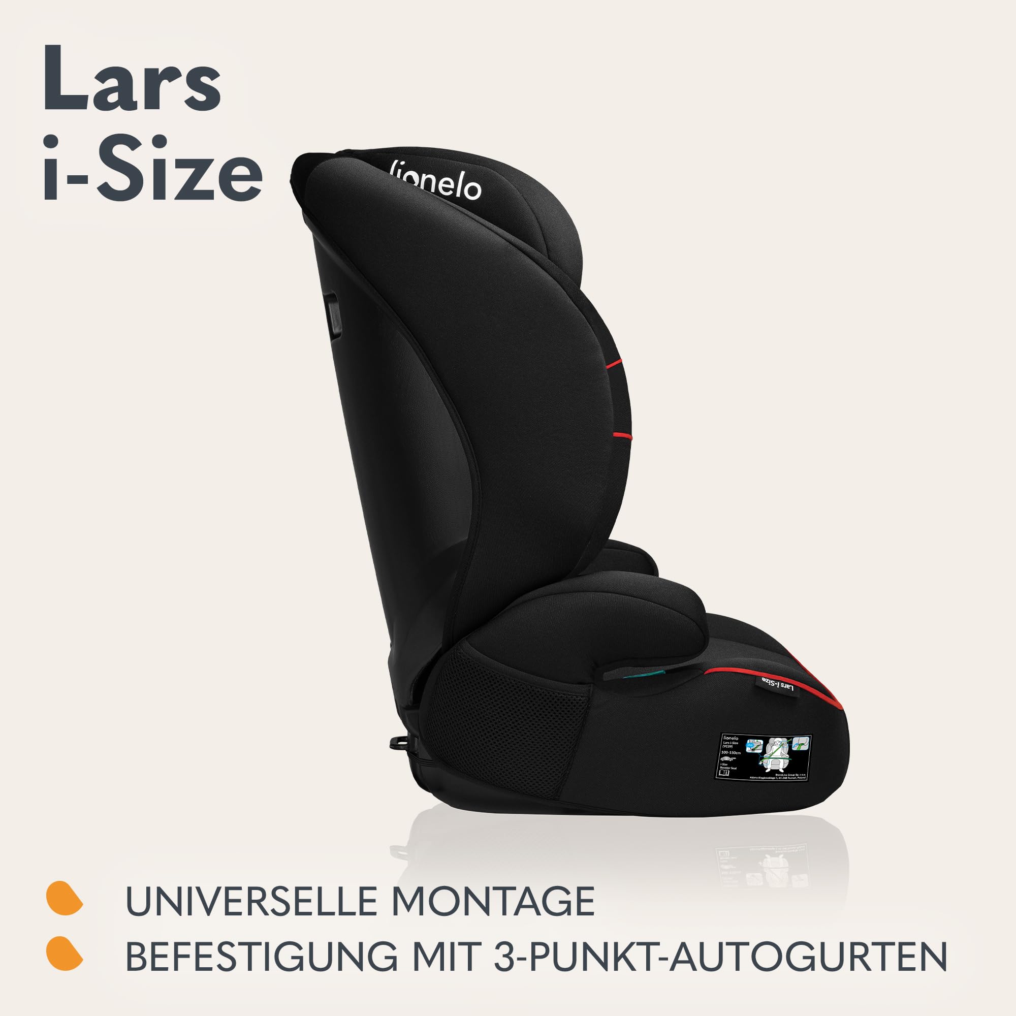 LIONELO LARS i-Size Kinderautositz 100–150 cm, Gruppe 2 3 | Seitenschutz 10 Grad, Kopfstützenverstellung, bequeme Armlehnen, abnehmbare Rückenlehne
