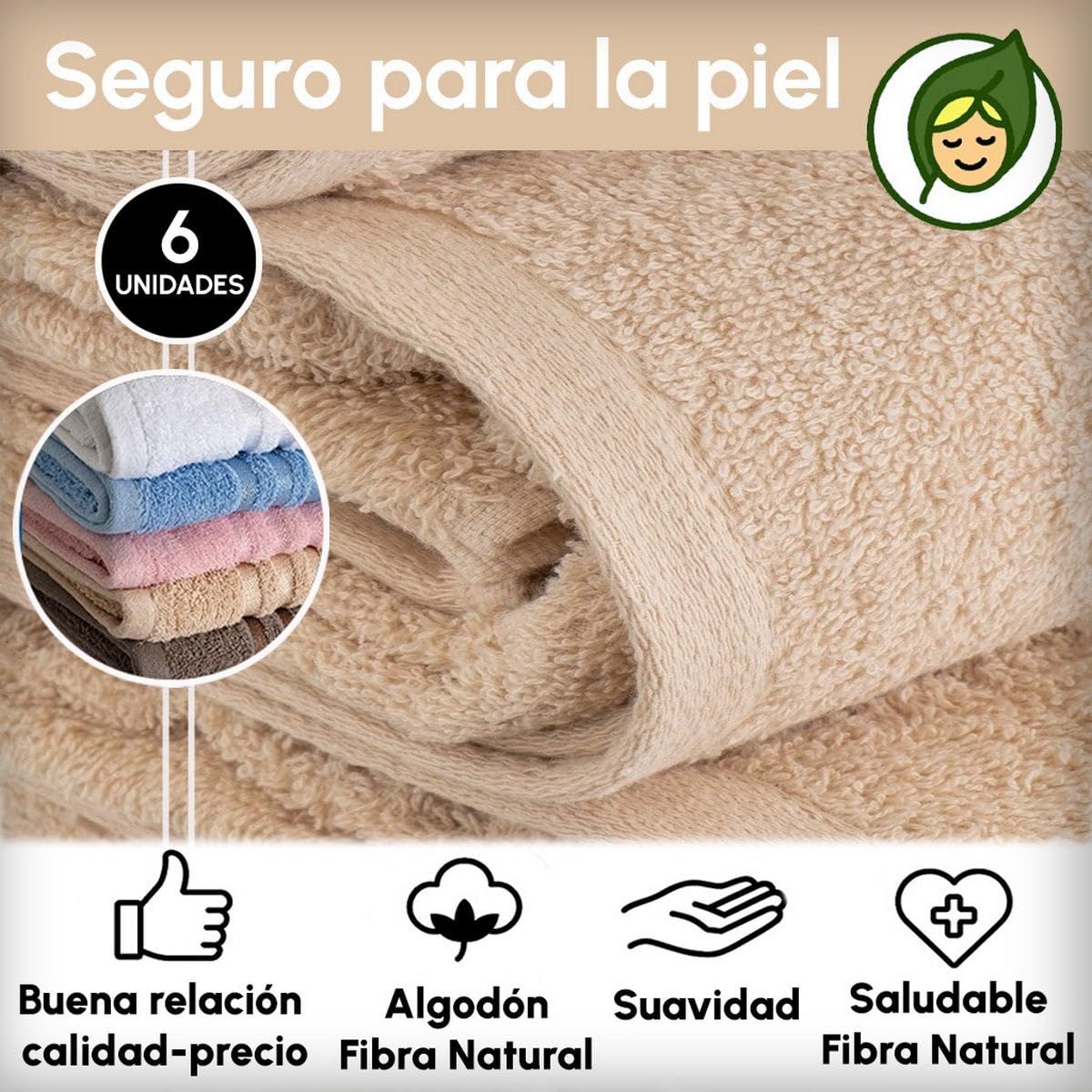 Juego de 6 Toallas de Ducha Grandes Beige 100% algodón Rizo 150x100 cm | Tejido suave de gran gramaje con alta absorción. Aptas para lavadora, de uso diario.