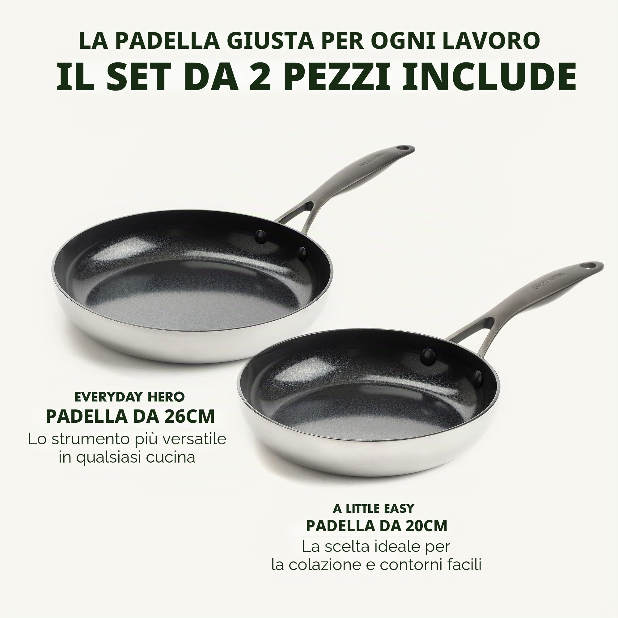 GreenPan Venice Pro Noir Tri-Ply Acciaio Inox Ceramica Sana Antiaderente Set di padelle da 20cm e 26cm, Manico Nero Opaco, Senza PFAS, Induzione, Lavabile in Lavastoviglie, Forno, Argento
