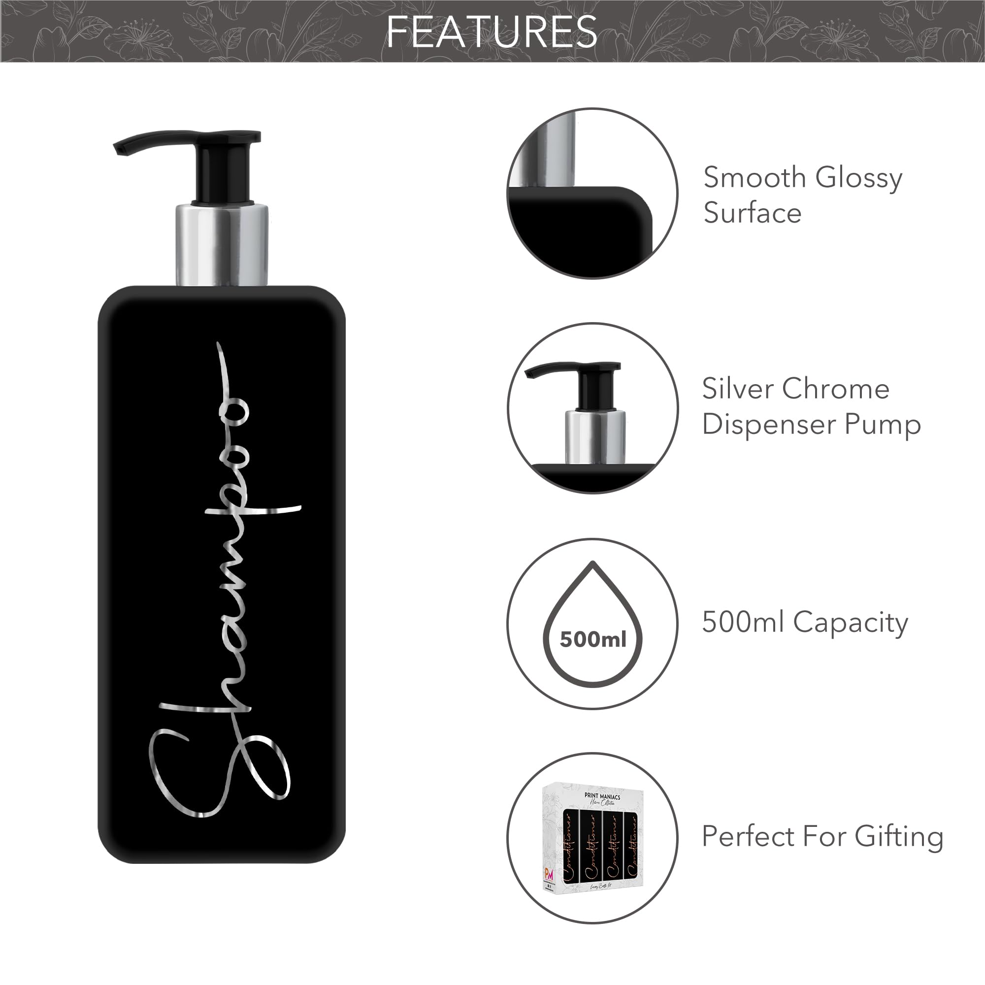 Print ManiacsMrs Hinch Inspired Signature Black 500ml Square Reusable Dispenser Bottle Silver Pump Personalised Bathroom Storage Toiletries Set F2 (Silver - Image 3