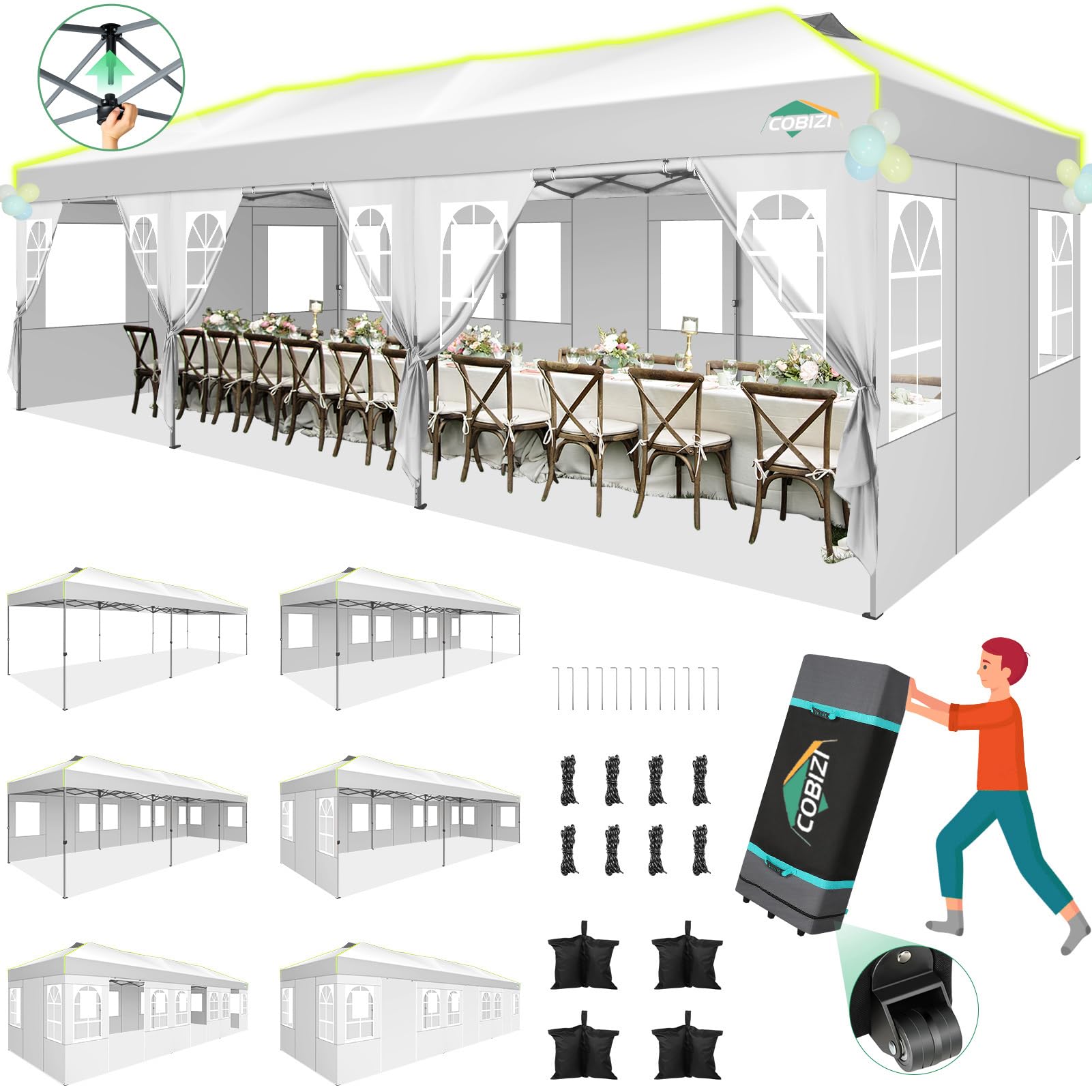 COBIZI10x30 Pop Up Canopy Tent with 8 Removable Sidewalls, One Push Party Tent Outdoor Waterproof Event Canopy with Air Vent for Parties Commercial Wedding, 3 Height, Roller Bag, Sandbag, White