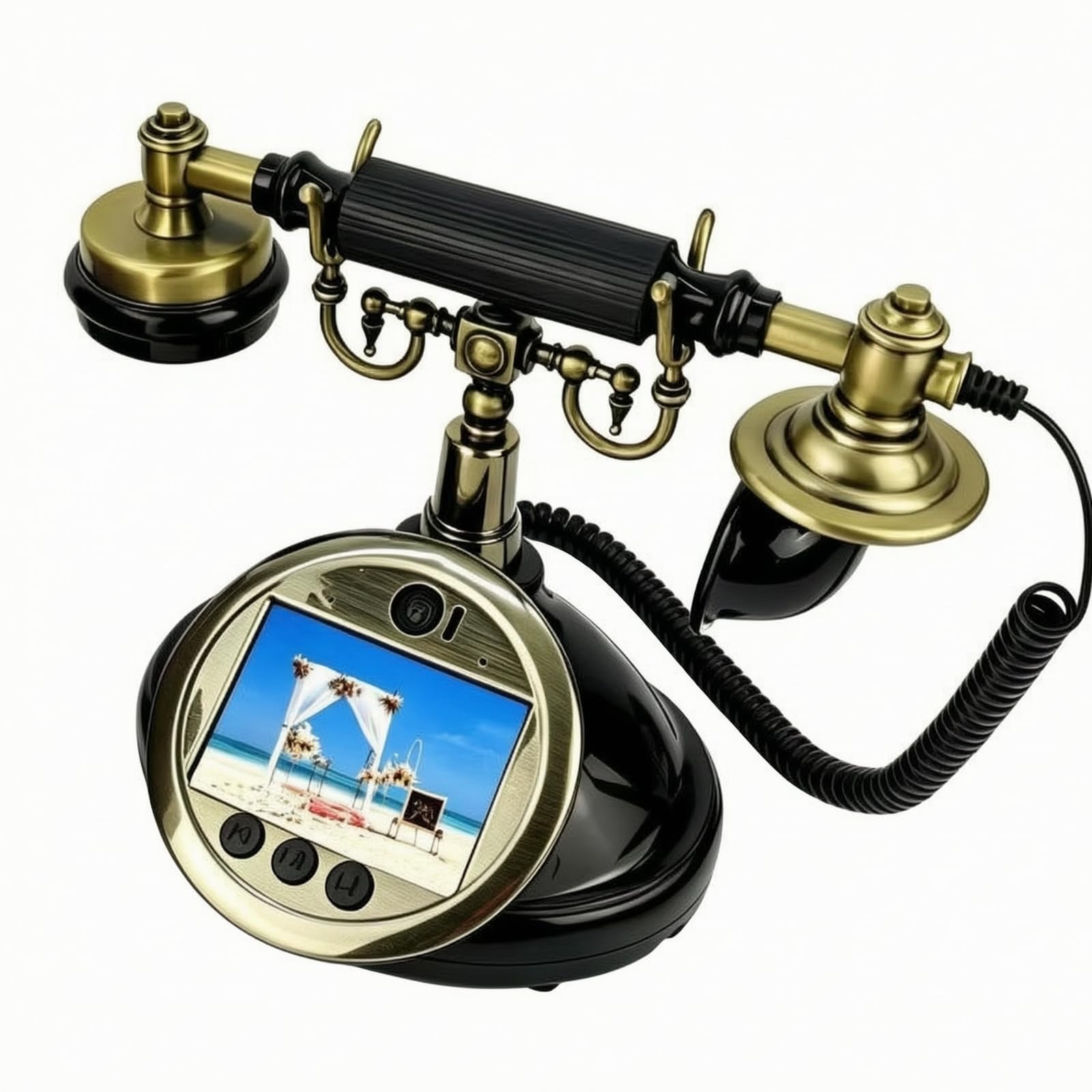 Téléphone Vidéo Livre d'Or Invité Appareil Écran Métal Design Vintage Brillant Poignée Rainurée Capture des Visages et des Voix Souvenirs Pérennes Adapté aux Mariages Anniversaires Soirées , Noir
