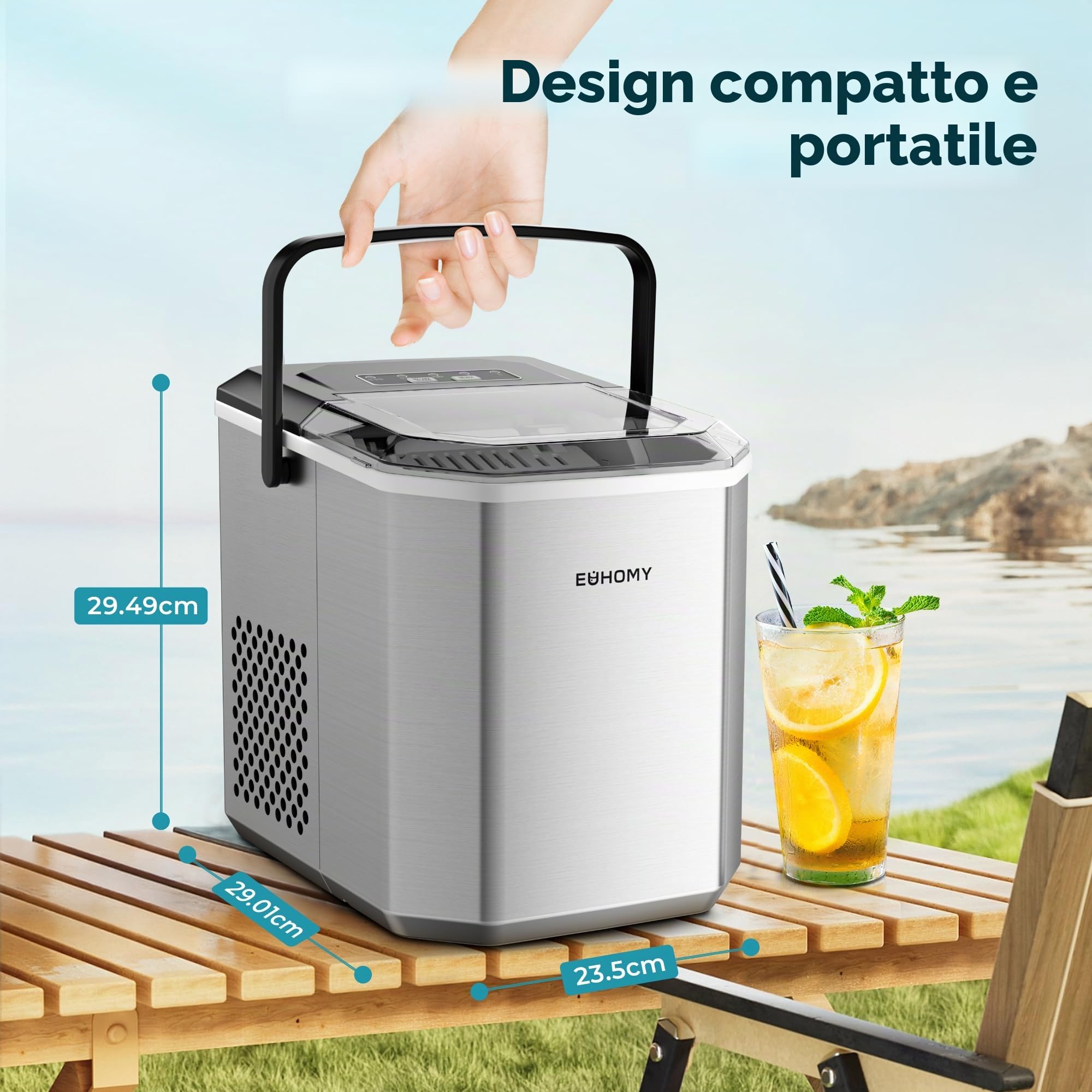 EUHOMY Macchina per cubetti di ghiaccio, 9 cubi in 6 minuti, macchina per il ghiaccio Bullet, 2 dimensioni cubi, in acciaio inox, per il piano di lavoro, 12 kg/giorno, per la casa, la cucina