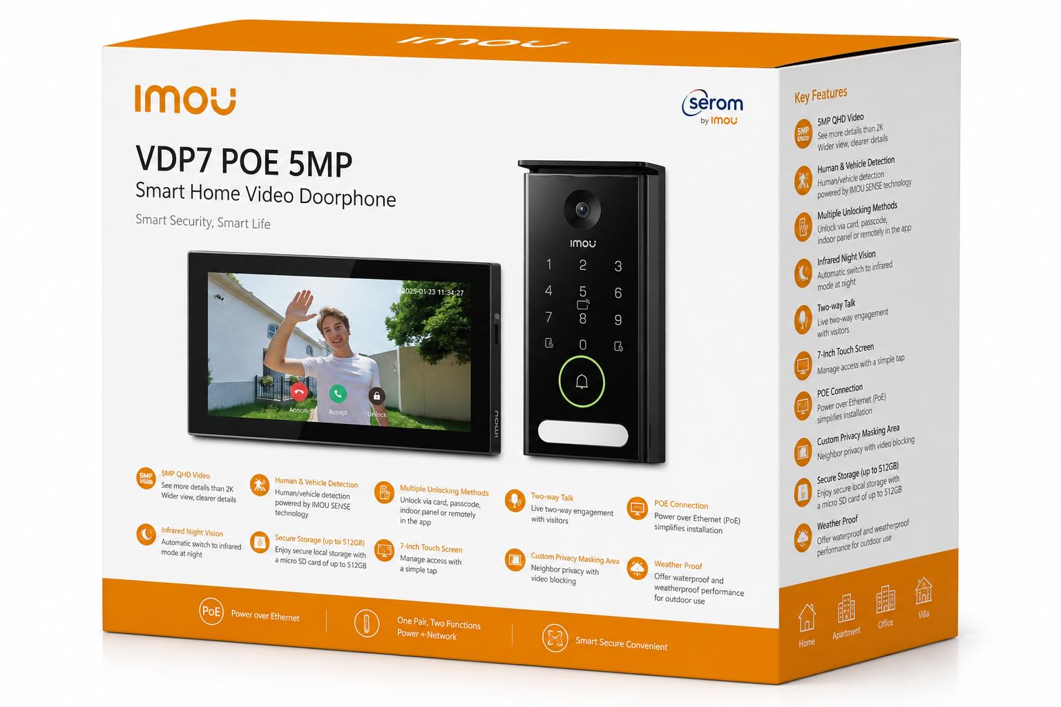 Videocitofono IP PoE con Schermo a Colori da 7" HD, 3K 5MP ili, Rilevamento Umano/Veicoli, Audio Bidirezionale, Visione Notturna, VDP7 - VO1-5M0A/VH1-7A0A