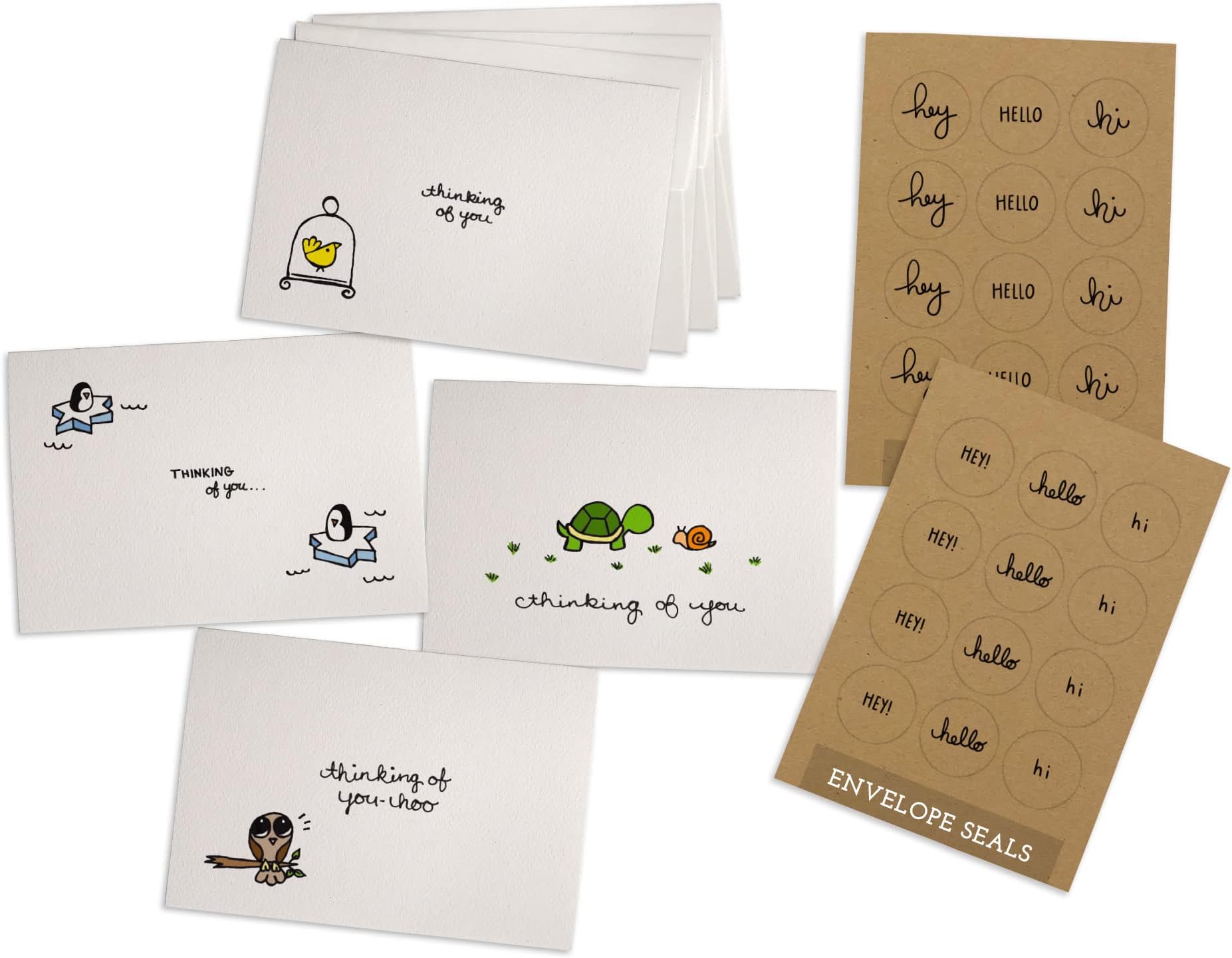 Sugartown Greetings Animals Thinking of You Collection Pack Set - 24 Note Cards with Envelopes & Kraft Sticker Seals