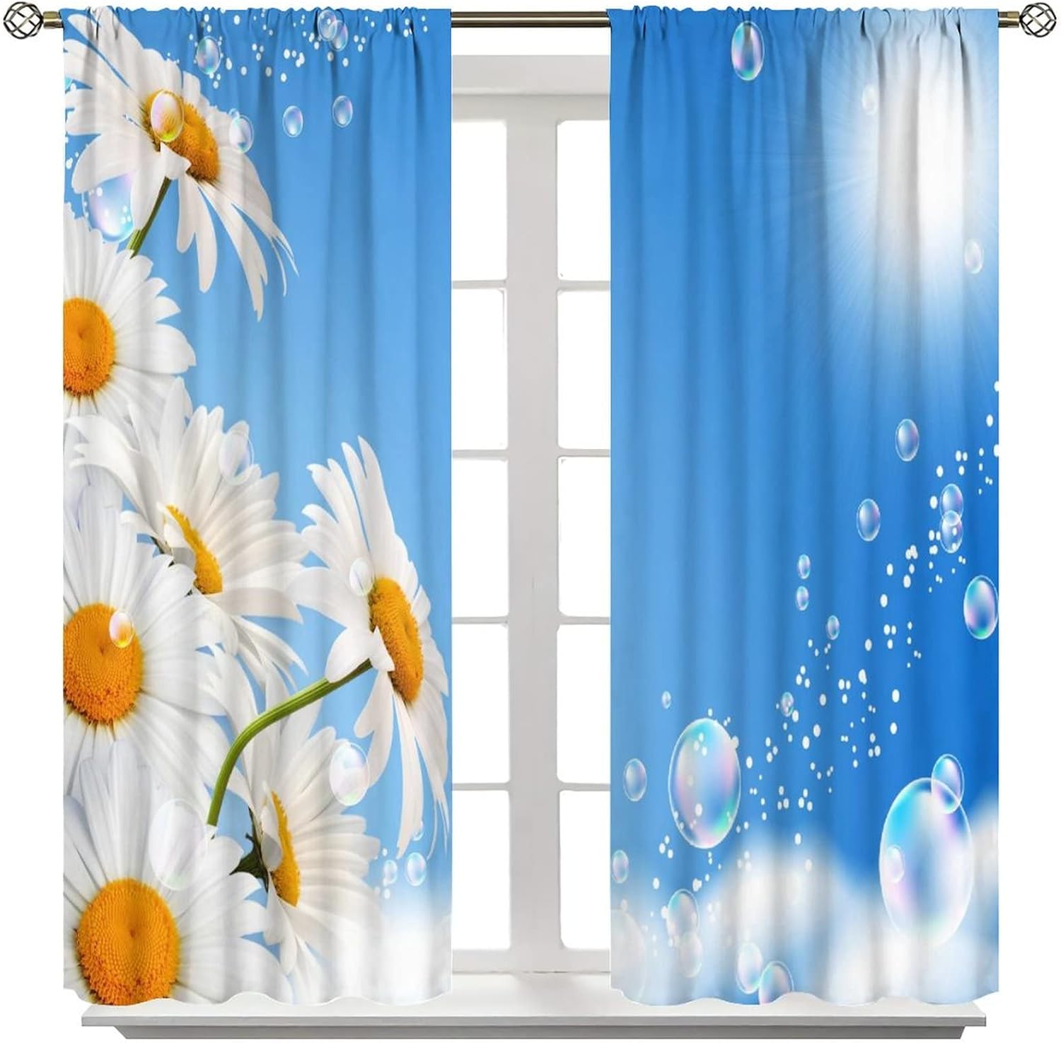 Garden Floral Balckout Curtains,Rustic Farmhouse Daisy Flowers Blue Sky Background Rod Pocket Window Drapes for Living Room Bedroom Kitchen Bathroom Decor W42xL45in