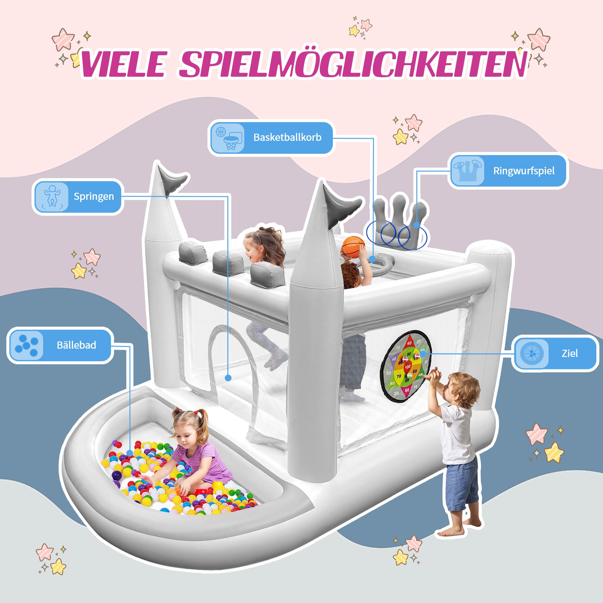 Aufblasbare PVC-Hüpfburg für Kinder 3-8 Jahre, 5-in-1 Outdoor Hüpfburg mit Hüpfbereich, Kugelpool, Basketballkorb, Ringen & Zielspiel, inkl. Pumpe, Weiß