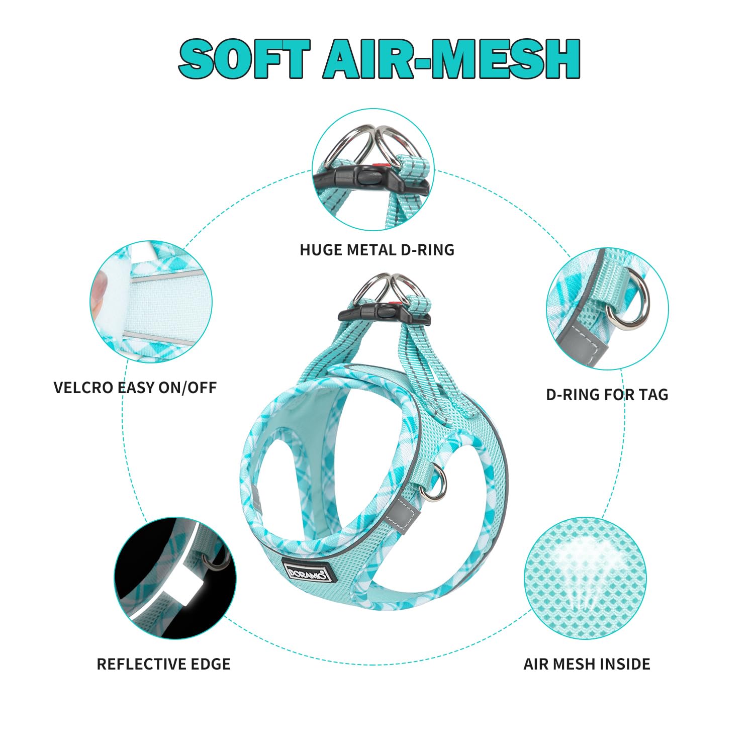 DORAMIO Pettorina Cane Taglia Piccola, Step-in Pettorina per Cani Gatti Cuccioli con Guinzaglio Comodo, Riflettente Traspirante Imbracatura Cane Morbida Imbottito per Passeggiate (XL, Blu Chiaro)