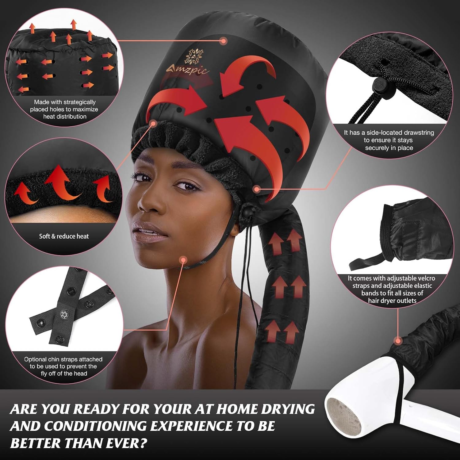 Bonnet Hood Hair Dryer Attachment - Headband Integrated Bonnet Hair Dryer for Speeds Up Drying Time at Home, Easy to Use for Styling, Curling and Deep Conditioning (Black,Adjustable) thumbnail