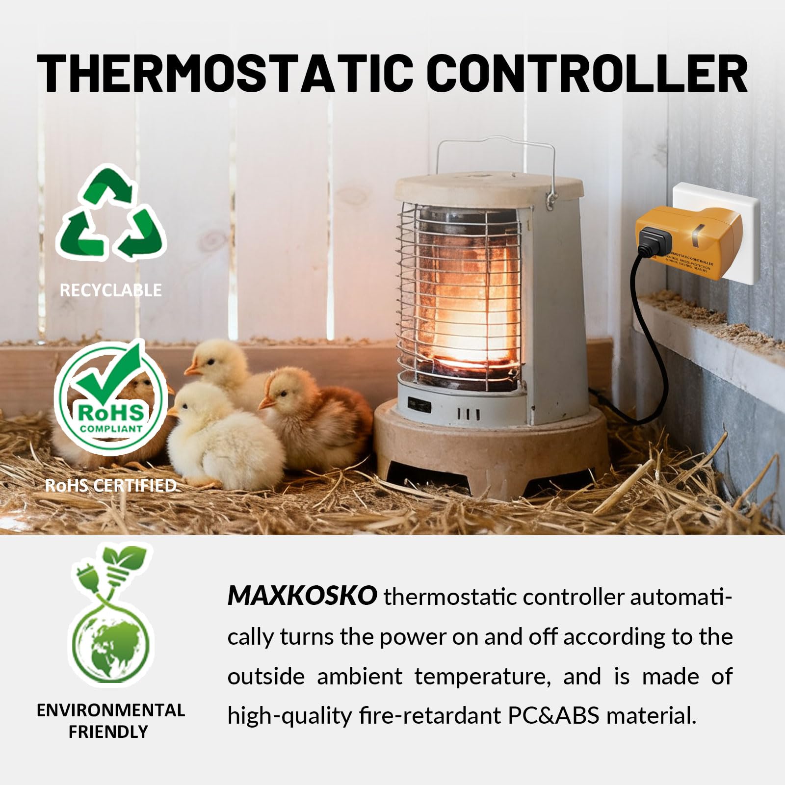 MAXKOSKO 4 tomas de corriente controladas termostáticamente, se encienden automáticamente por debajo de 80 °F y se apagan a más de 50 °F