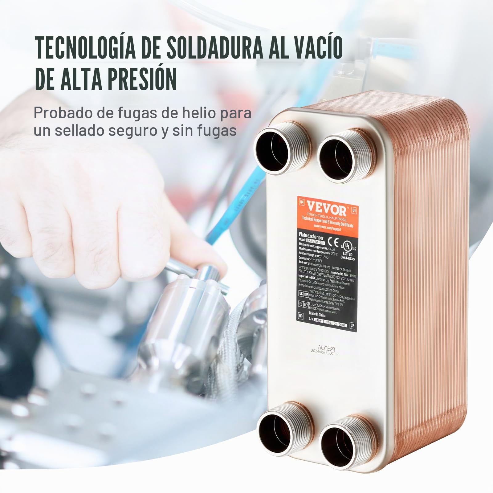 VEVOR Intercambiador de Calor de 50 Placas Soldadas, Cobre/Acero Inoxidable 316 L, Agua a Agua para Calefacción por Suelo, Calentamiento de Agua, y Derretimiento de Nieve, 301 x 126 x 157 mm