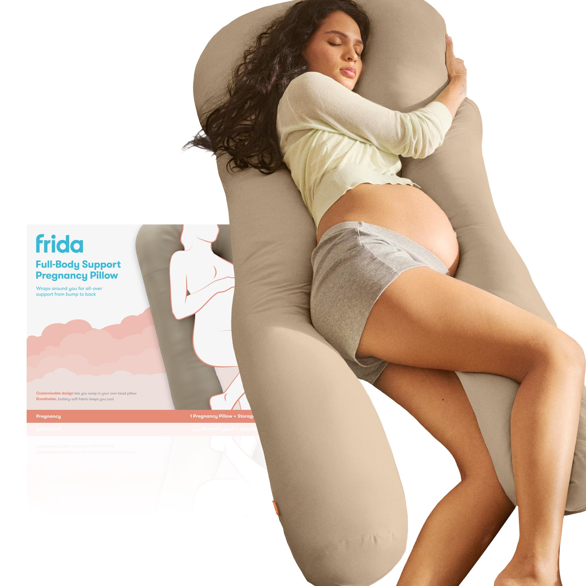Photo 1 of Frida Mom Full Body Support Pregnancy Pillow, Cooling Pregnancy Pillow, Wraps Around for All Over Support, Extended Length to Support from Head to Toe, Easy to Clean, Compact Storage Bag, Taupe