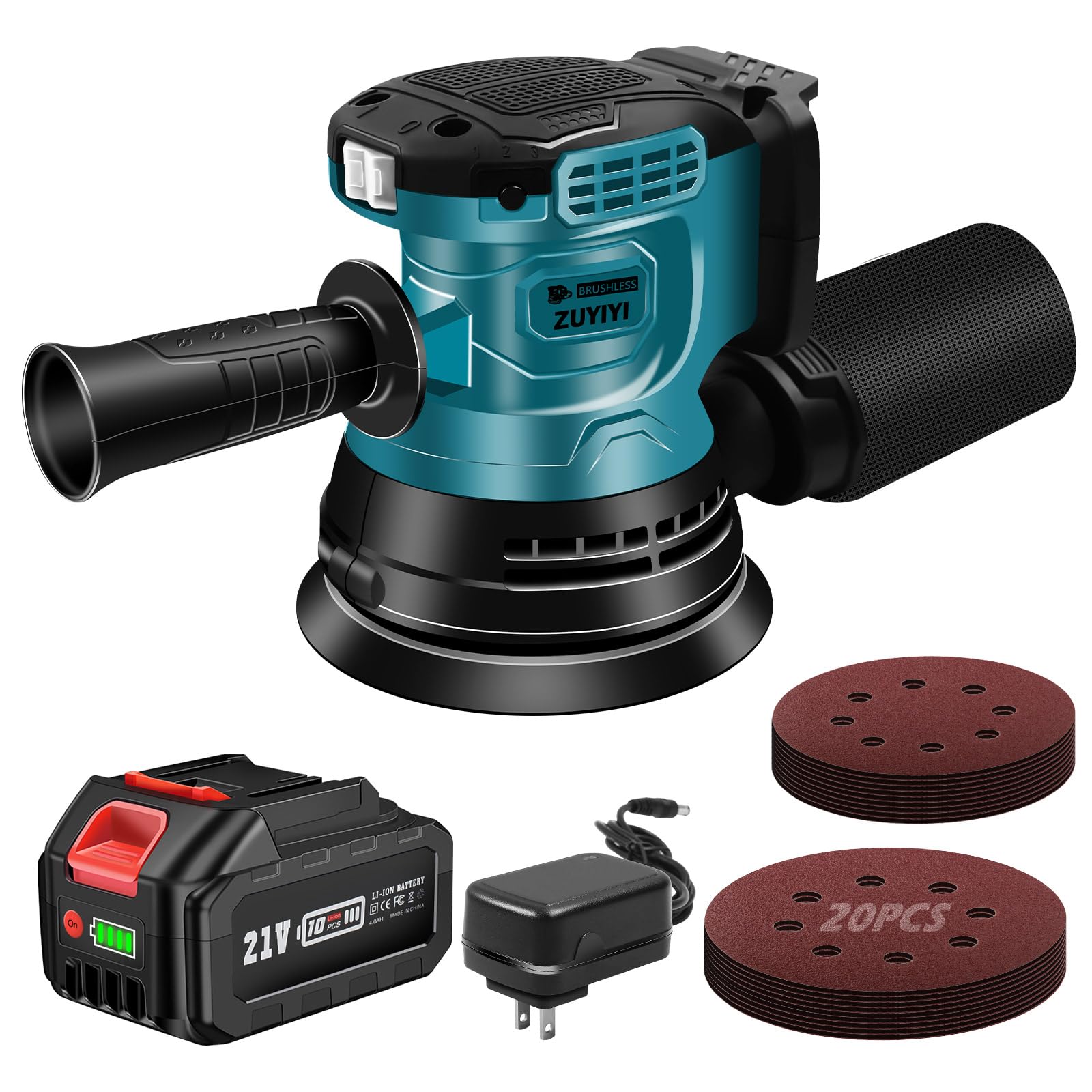 ZUYIYI 5 Inch Cordless Random Orbital Sander, 12000RPM Electric Sander 3-Speed, 4.0Ah Battery Powered Palm Sanders w/20 Pcs Sandpapers for Woodworking