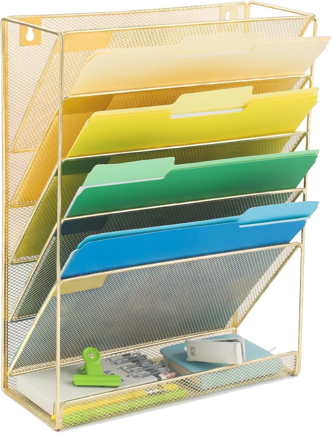 OGFC 26503 Desk File Organizer Mesh 5-Tier, Hanging Wall Mount Document Organization Stand, Desktop Vertical Mail Paper Folder Holder Rack with Bottom Tray Office Home Cubicle Countertop, Gold-image-5