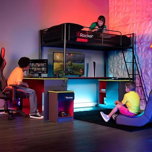 Miniatura 2 de X Rocker HQ - Cama alta para juegos, marco de metal duradero, estantería integrada, escalera segura, lados de malla de rejilla, 2112601, 78 x 61.4 x