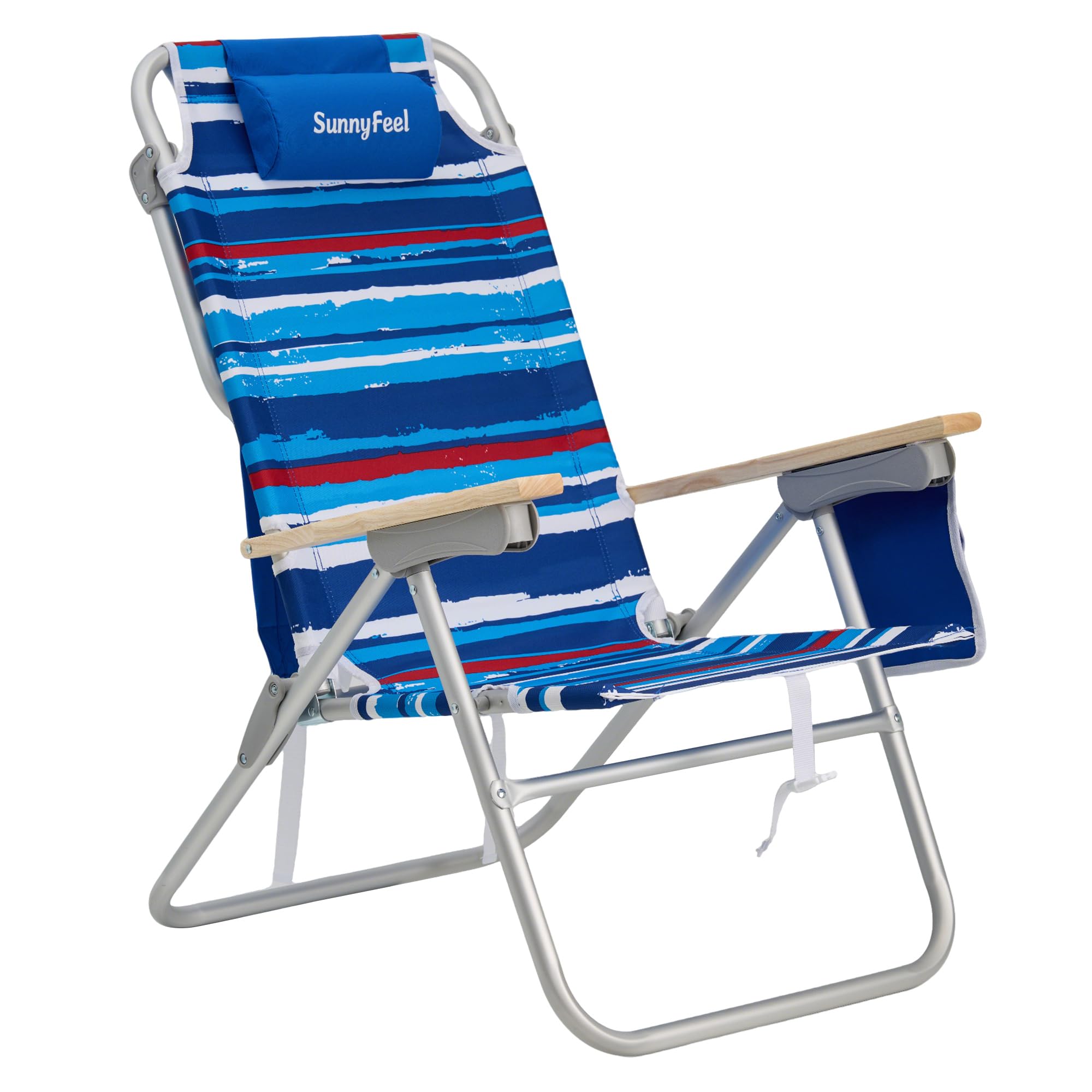SUNNYFEEL High Back Folding Beach Chair, Tall Beach Chair with 3 Reclining Position, Portable Camping Chair for Adults, Wood Armrest, Lightweight Camping Chair 300 lbs Heavy Duty, Blue Stripe
