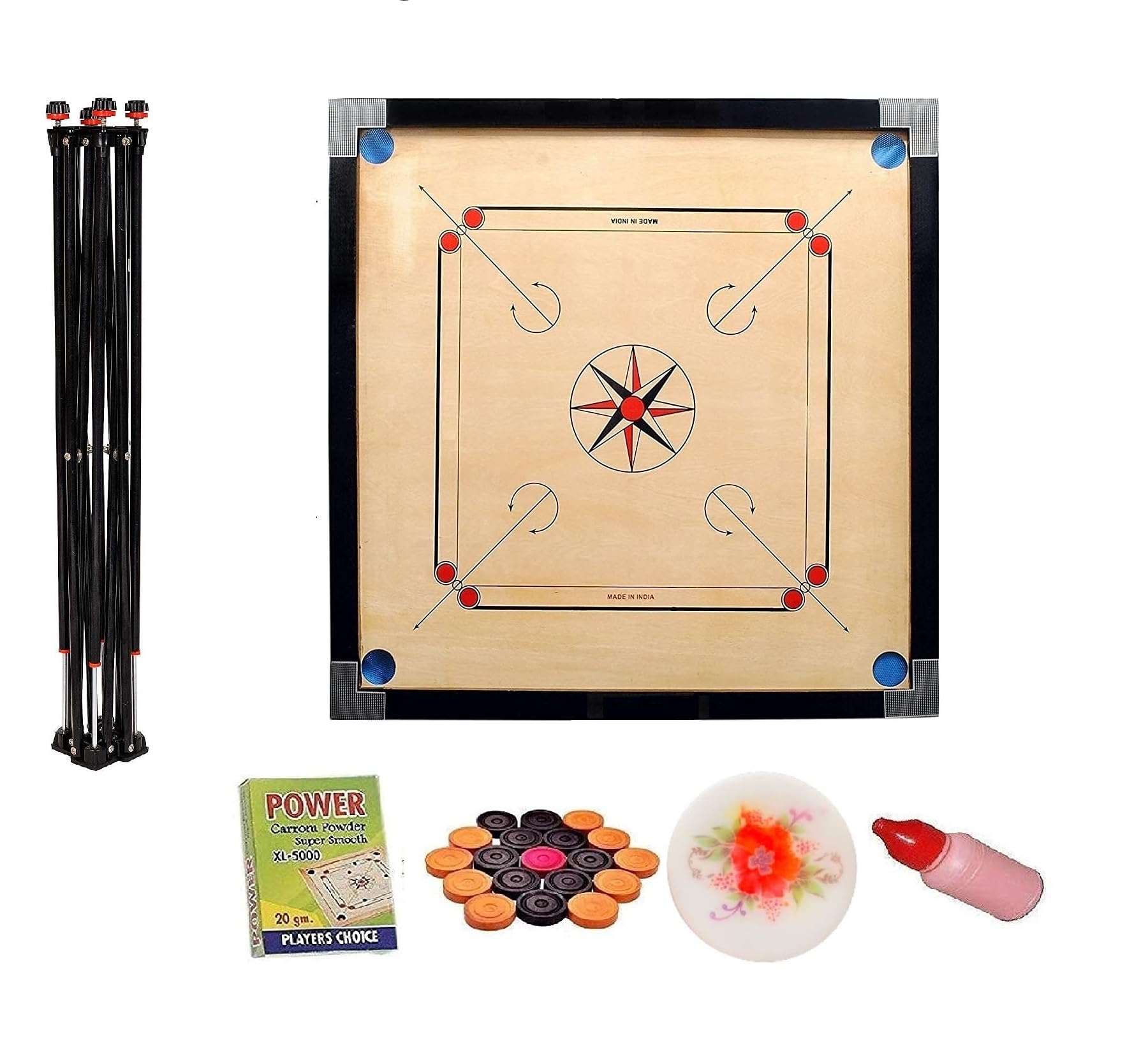 WRF Superior Matte Finish Practice Carrom Board for Serious Professional Practice with Coins Striker and Powder Black New (WRF 32 Inch with Stand WR-3)