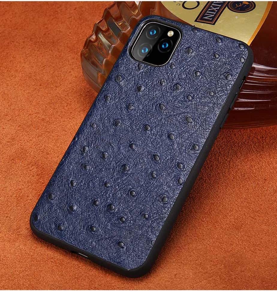 Étui en cuir véritable motif autruche pour iPhone 11 bleu antichoc