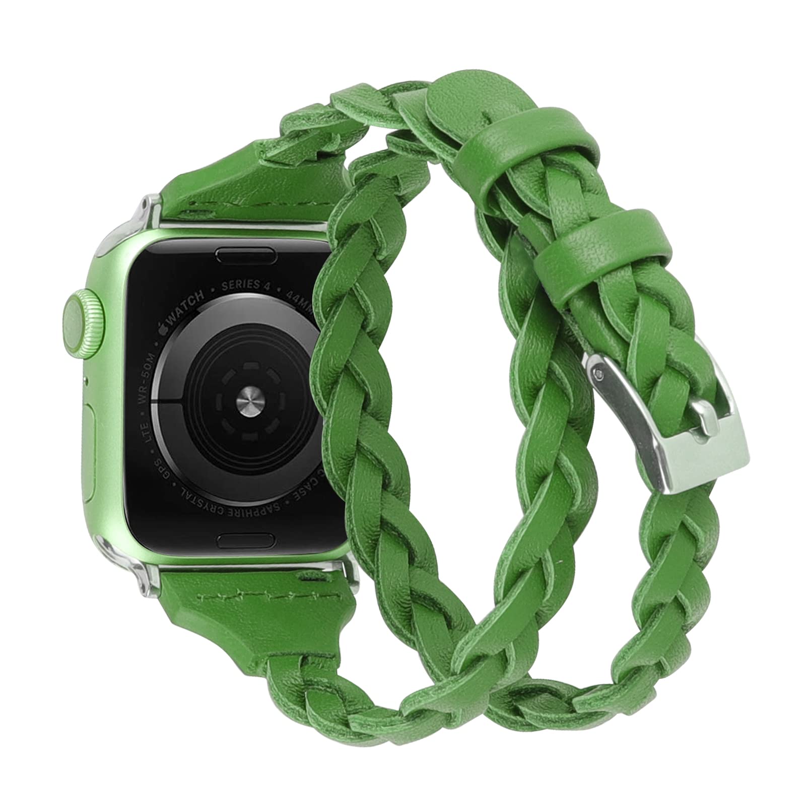 Moolia Double Leather Band Compatible with Apple Watch 42mm 44mm 45mm, Women Woven Slim Leather Watch Strap Double Tour Bracelet Replacement for iWatch SE Series 7 6 5 4 3 2 1 Green