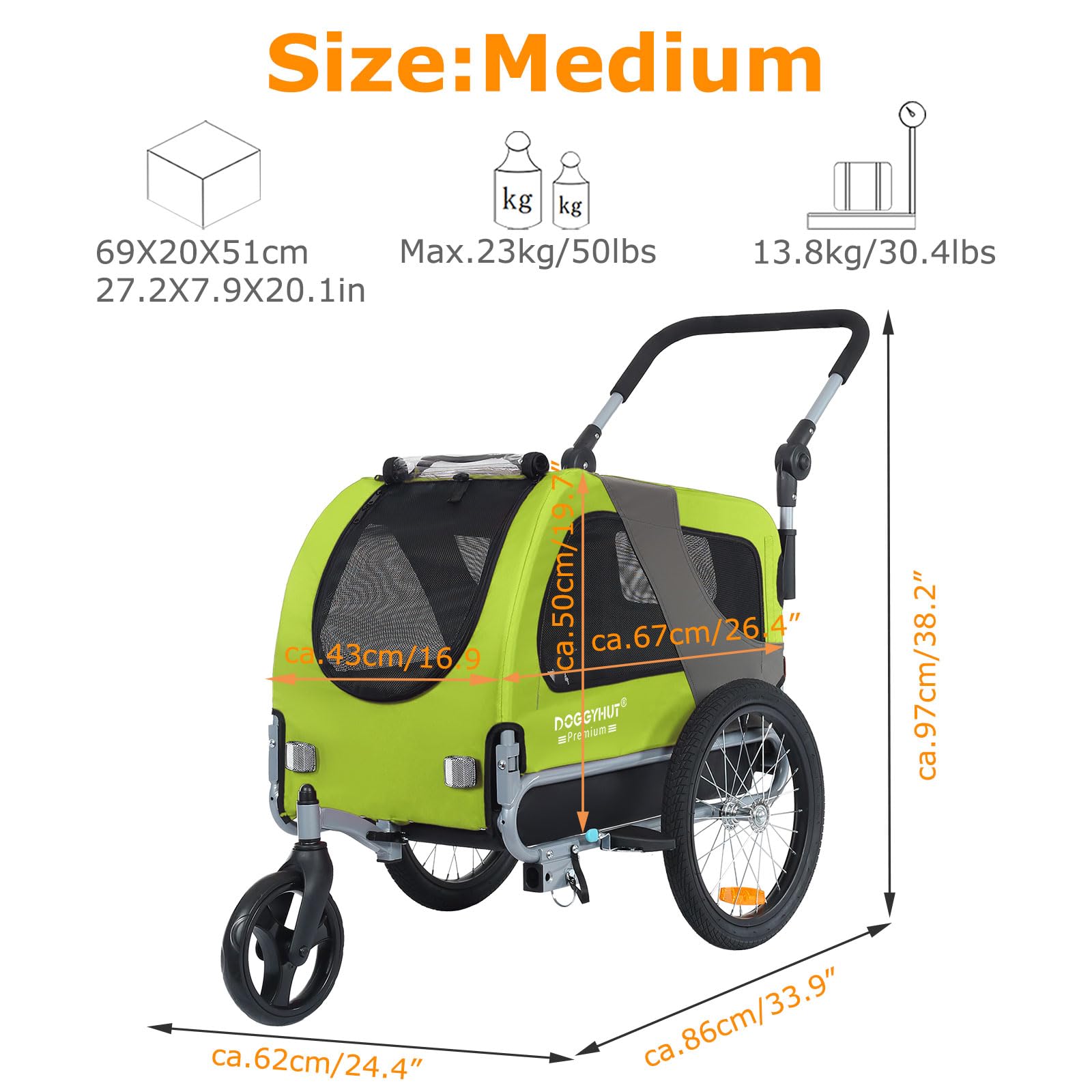 DOGGYHUT® Premium M Hundeanhänger 2-in-1 Hundebuggy & Jogger Fahrradanhänger für Hunde bis 23kg